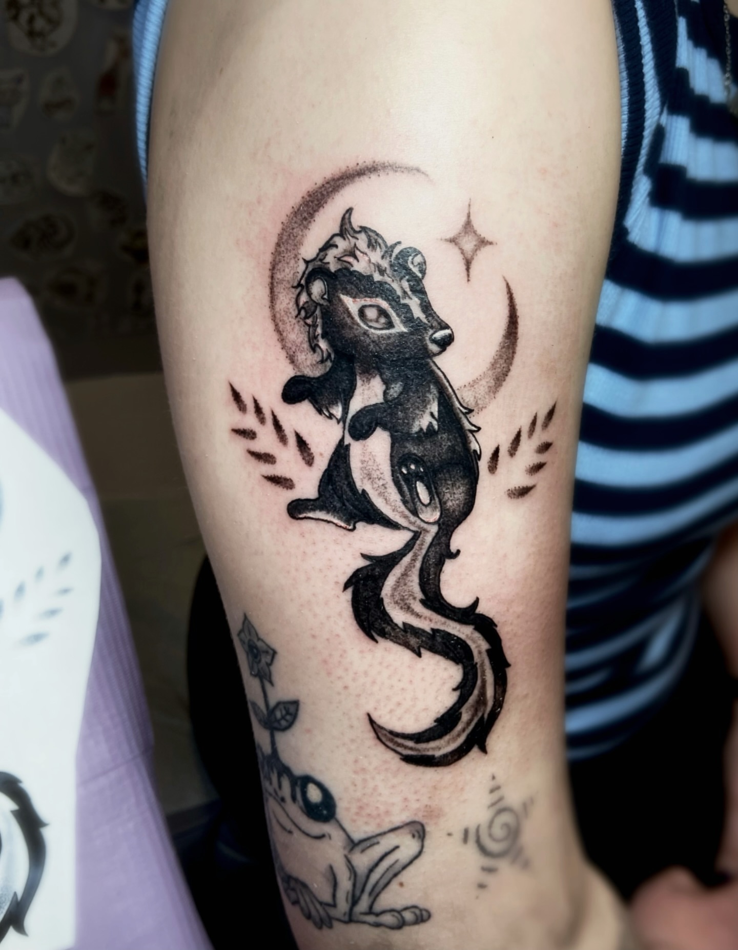 Fox and crescent moon black and grey tattoo on the forearm by Shay Cole