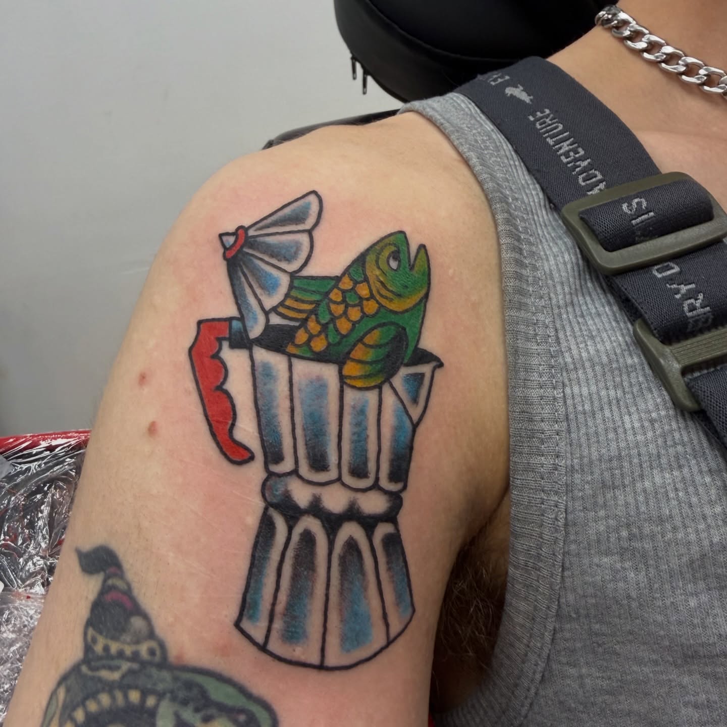 Fish in coffee pot American traditional tattoo on the shoulder by c☮︎urt