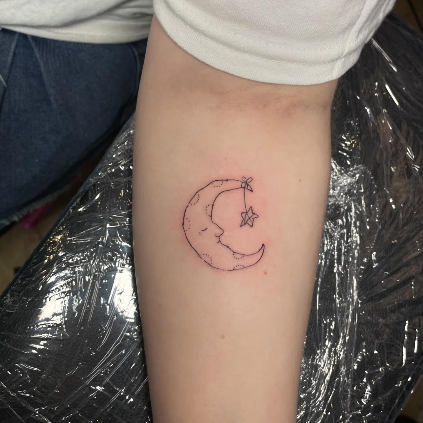 Moon and star dotwork tattoo on the forearm by ‧₊˚ ☁️⋅♡ ‧₊
