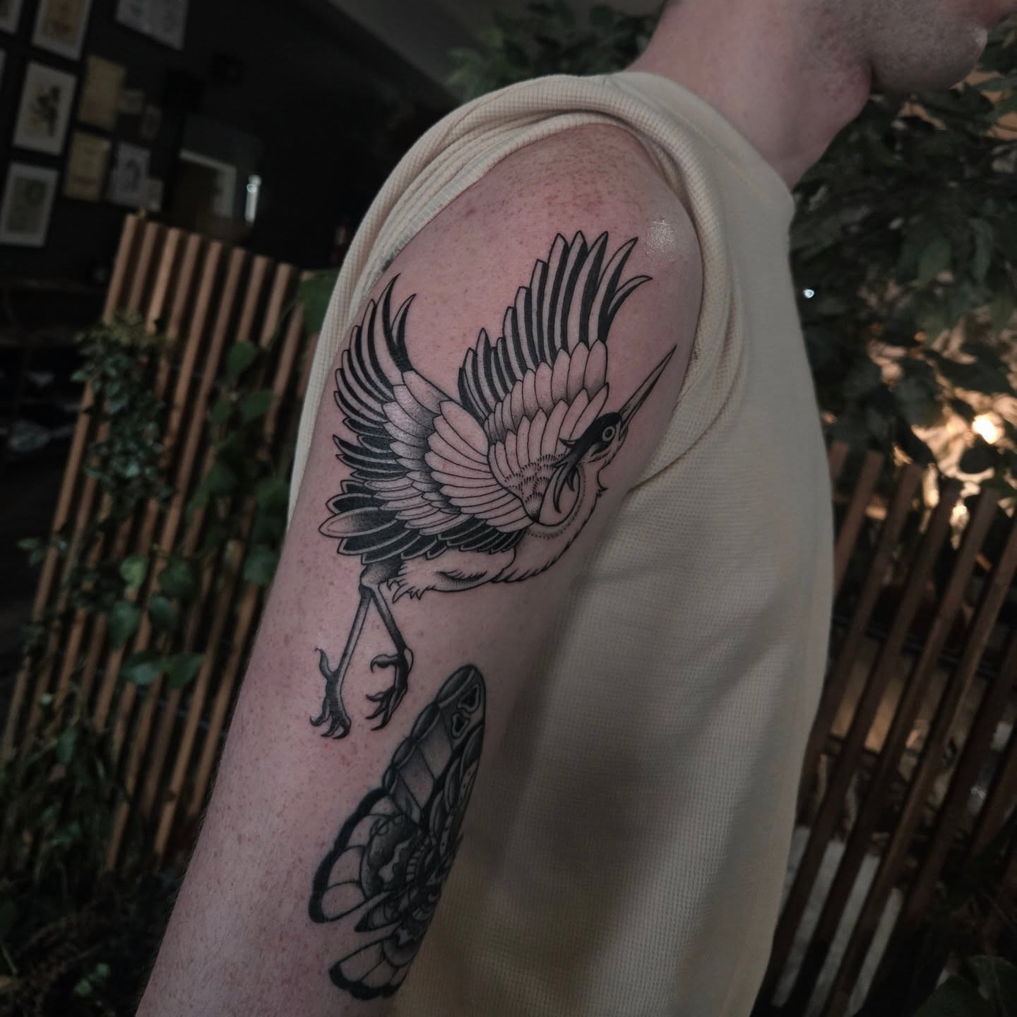 Heron black and grey tattoo on the forearm by Alexandra Colella ✨️