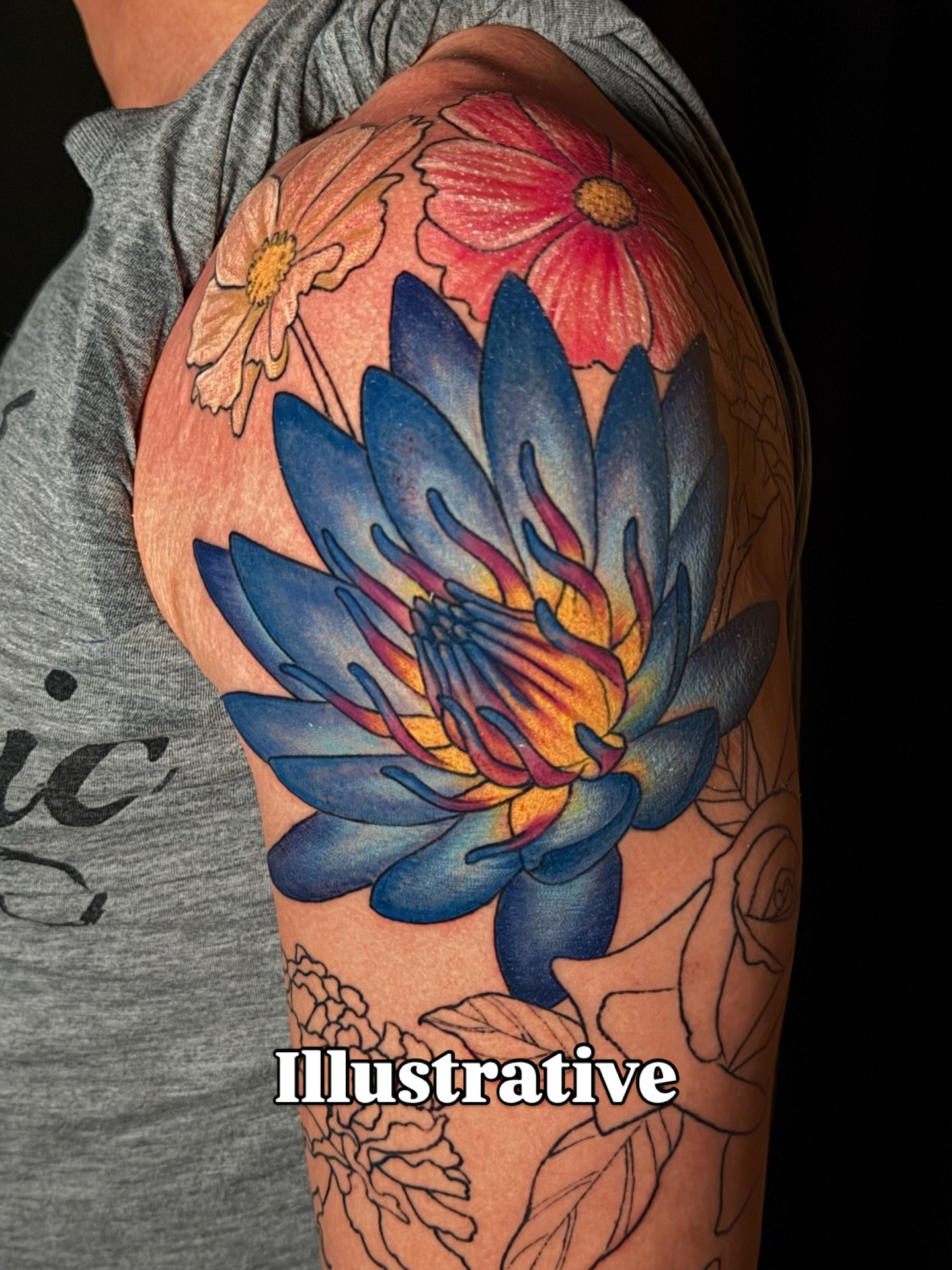 Lotus flower illustrative tattoo on the shoulder by Christel Perkins
