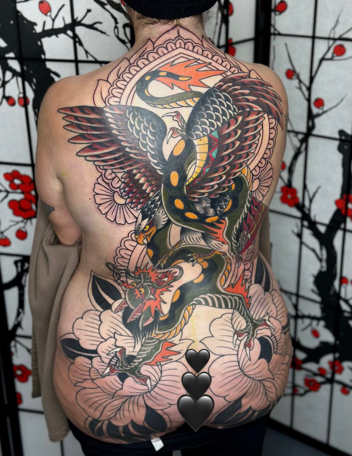 Dragon and phoenix japanese irezumi tattoo on the back by Kat Fishbein