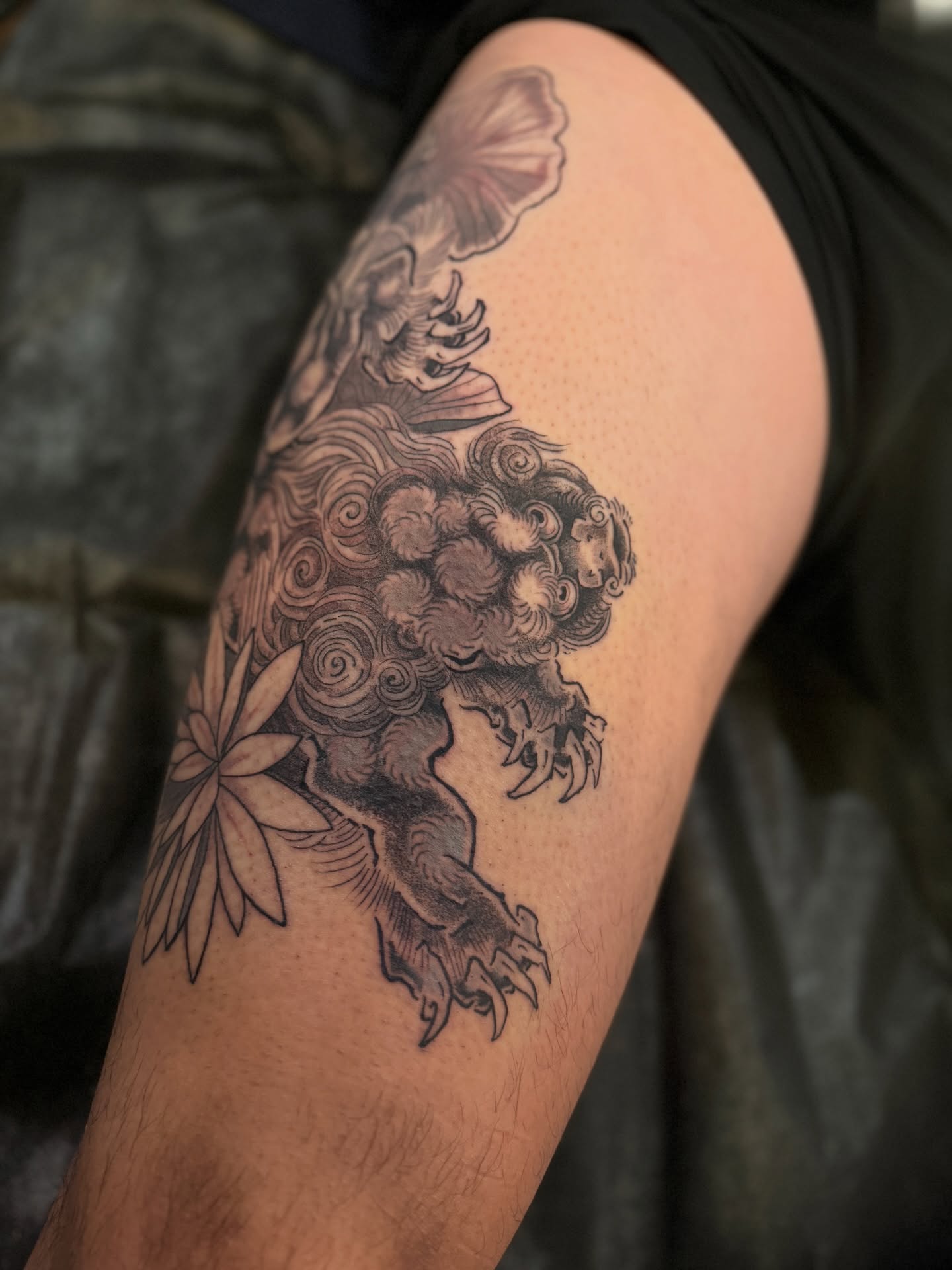 Tattoo by @morgan_tattoos — dotwork, black_and_grey