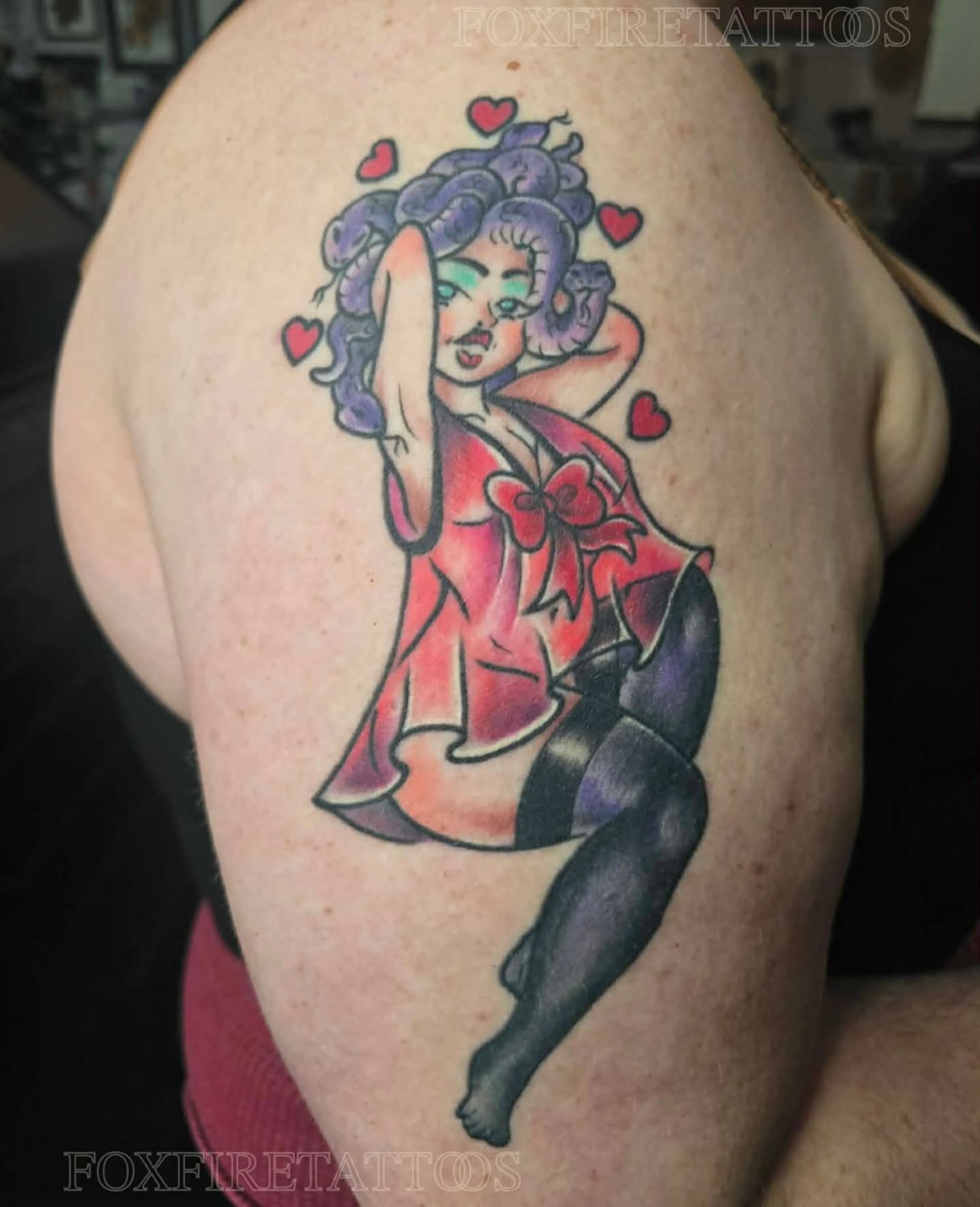 Pin-up girl American traditional tattoo on the thigh by Lindsey Chevalier - KCMO TATTOO ARTIST