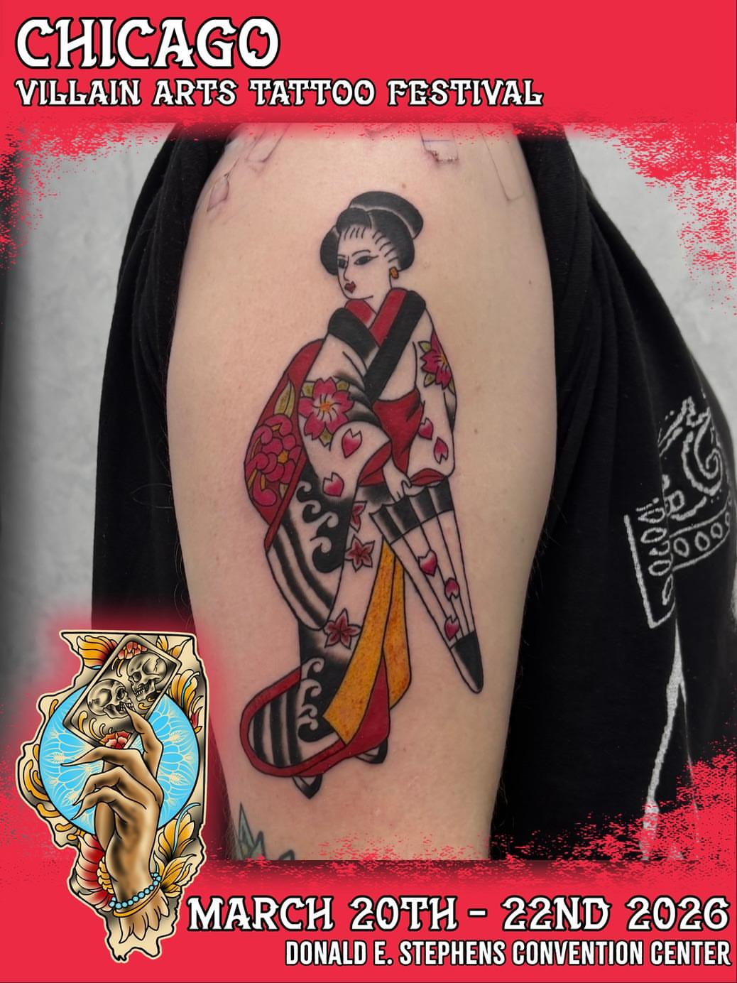 Geisha American traditional tattoo on the thigh by Nyah Ramirez