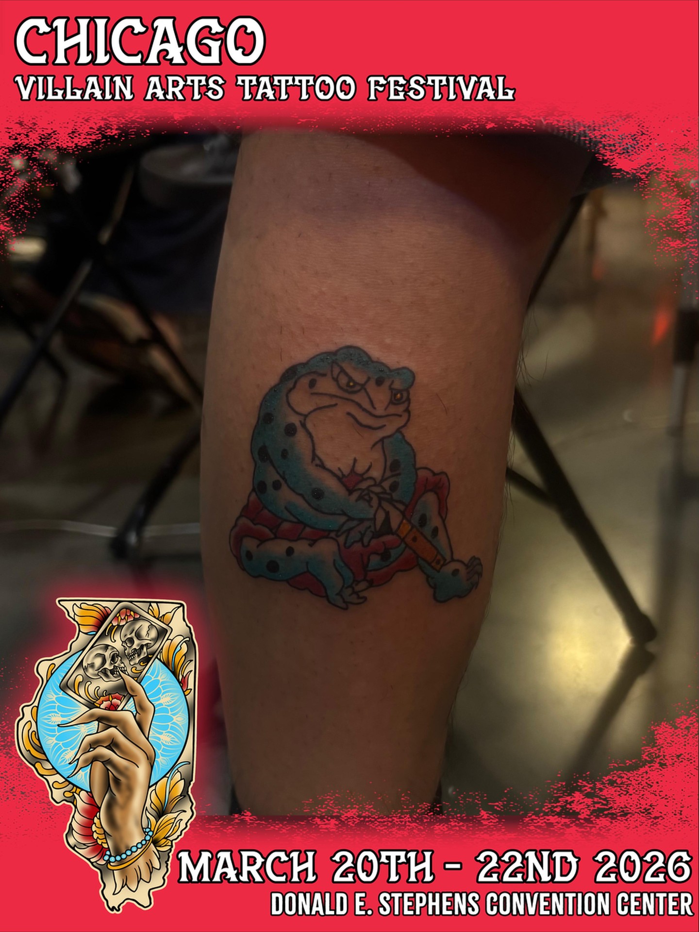 Frog American traditional tattoo on the thigh by Nyah Ramirez