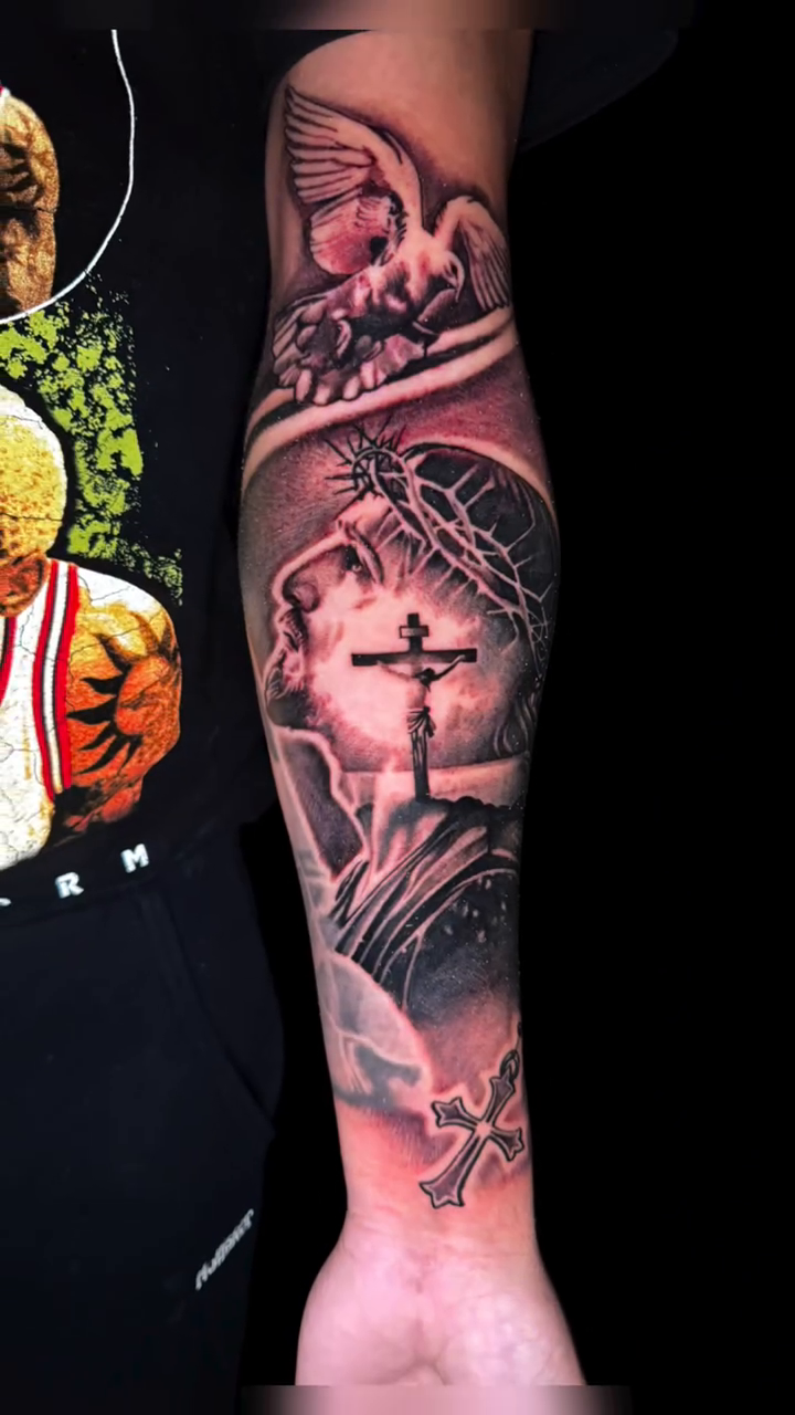 Jesus on the cross and angel realism tattoo by Jayb, Passaic, New Jersey