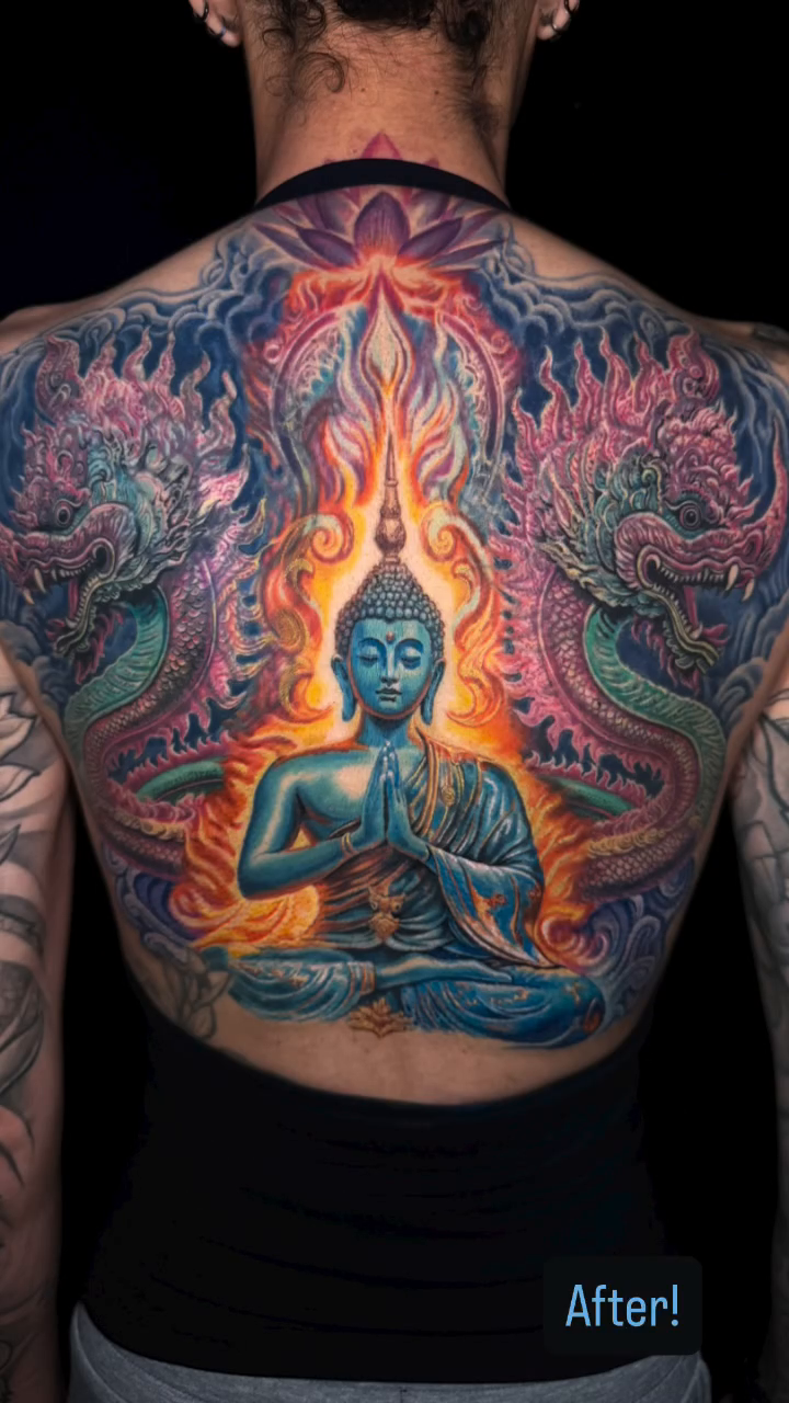 Buddha with dragons japanese irezumi tattoo by Jamie Lee Parker