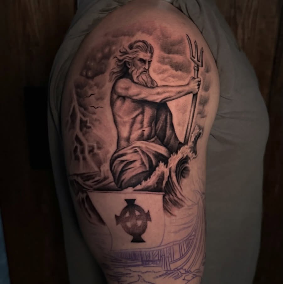 Poseidon realism tattoo on the thigh by Lee Ranco