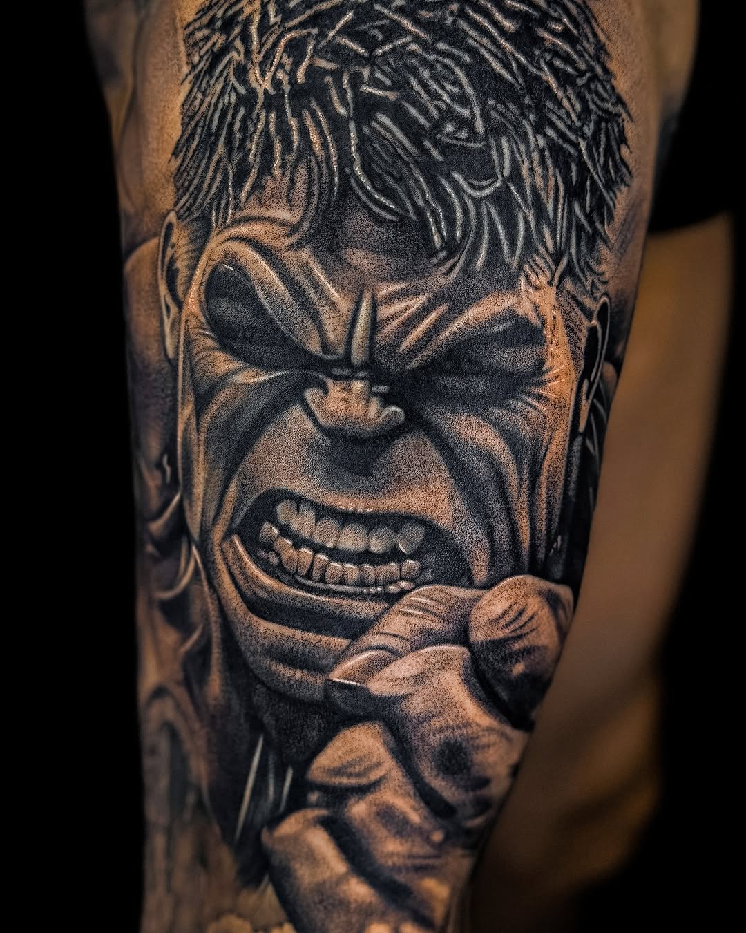 The Hulk face realism tattoo on the forearm by Mak$ Brand
