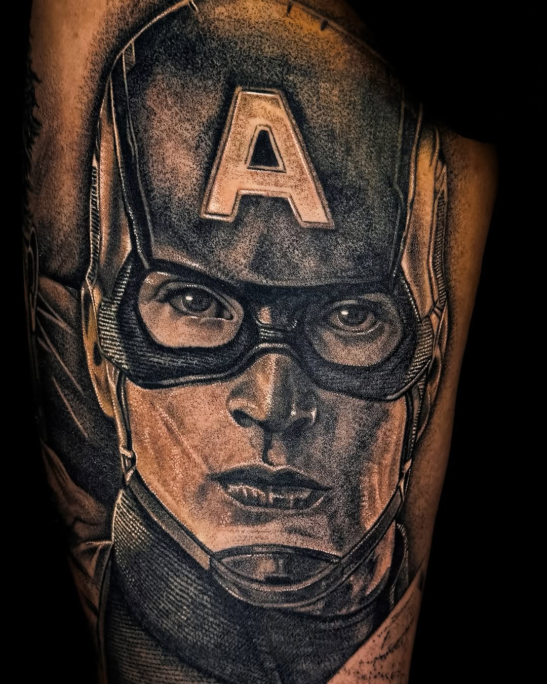 Captain America portrait new school tattoo on the forearm by Mak$ Brand