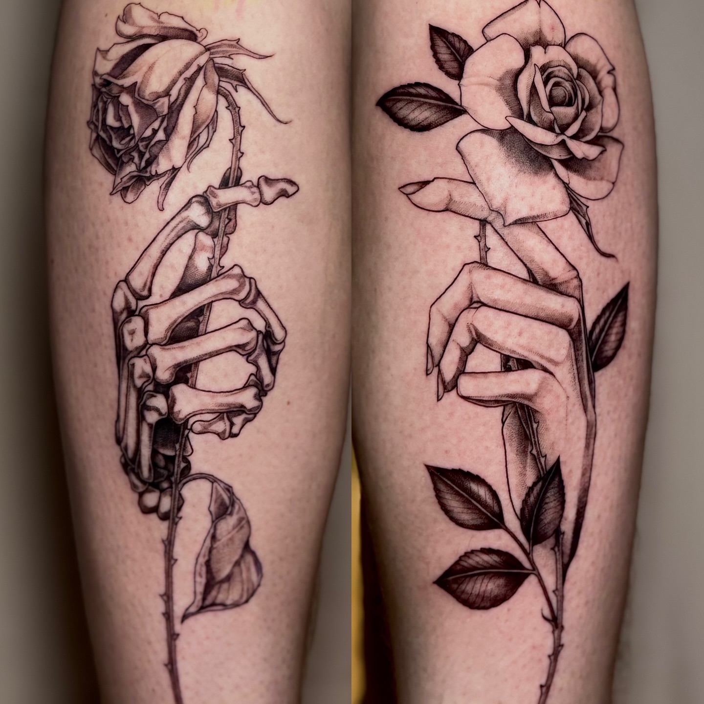 Rose and skeleton realism tattoo on the forearm by Lydia Jude