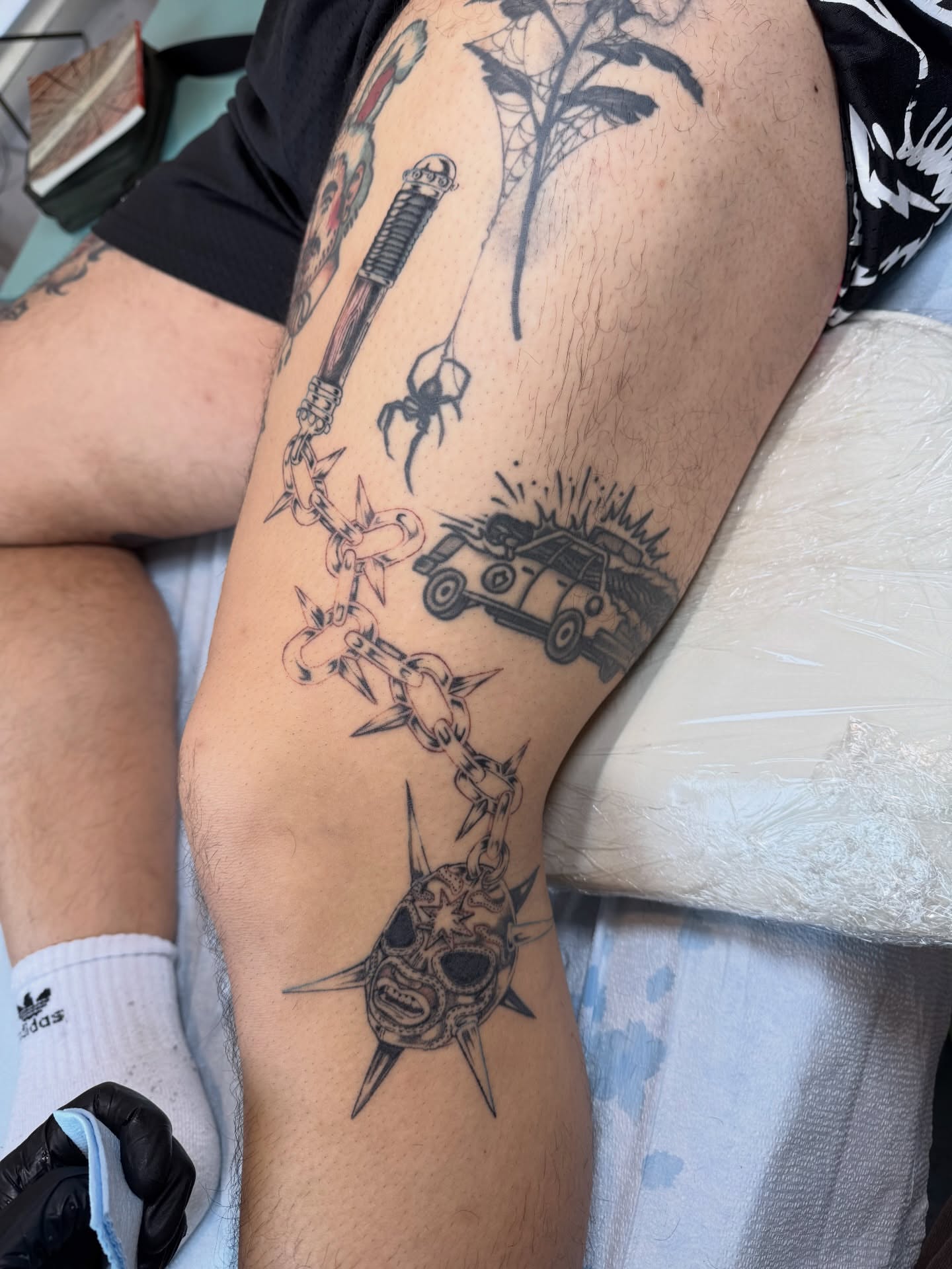 Car crash black and grey tattoo on the forearm by Franky A Bonifacio, Seattle, Washington