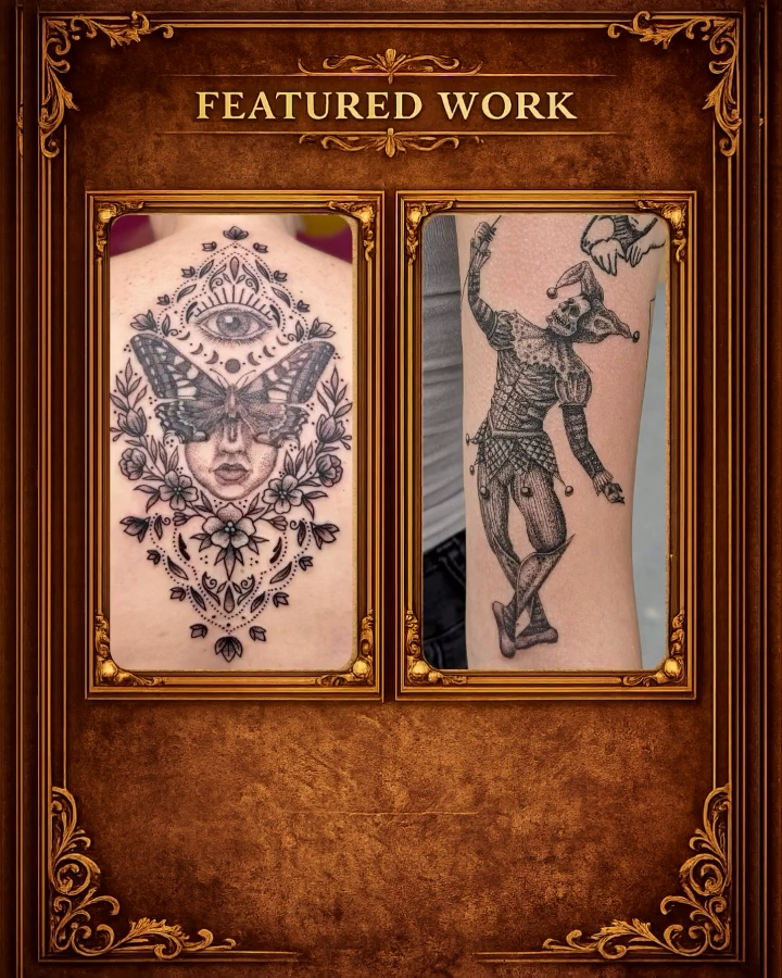 Woman with headdress and jester figure ornamental tattoo by William Worley