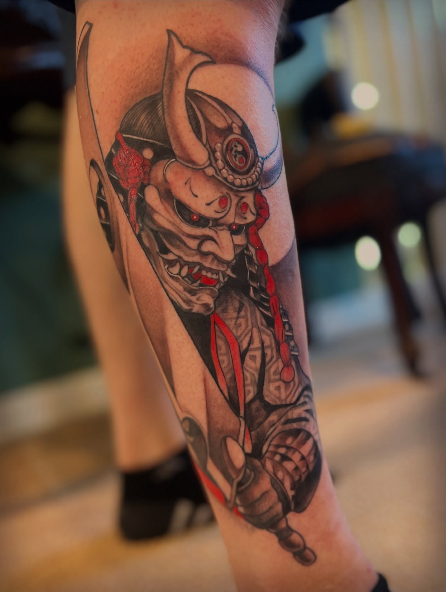 Demon mask warrior japanese irezumi tattoo on the forearm by Amanda Leitch
