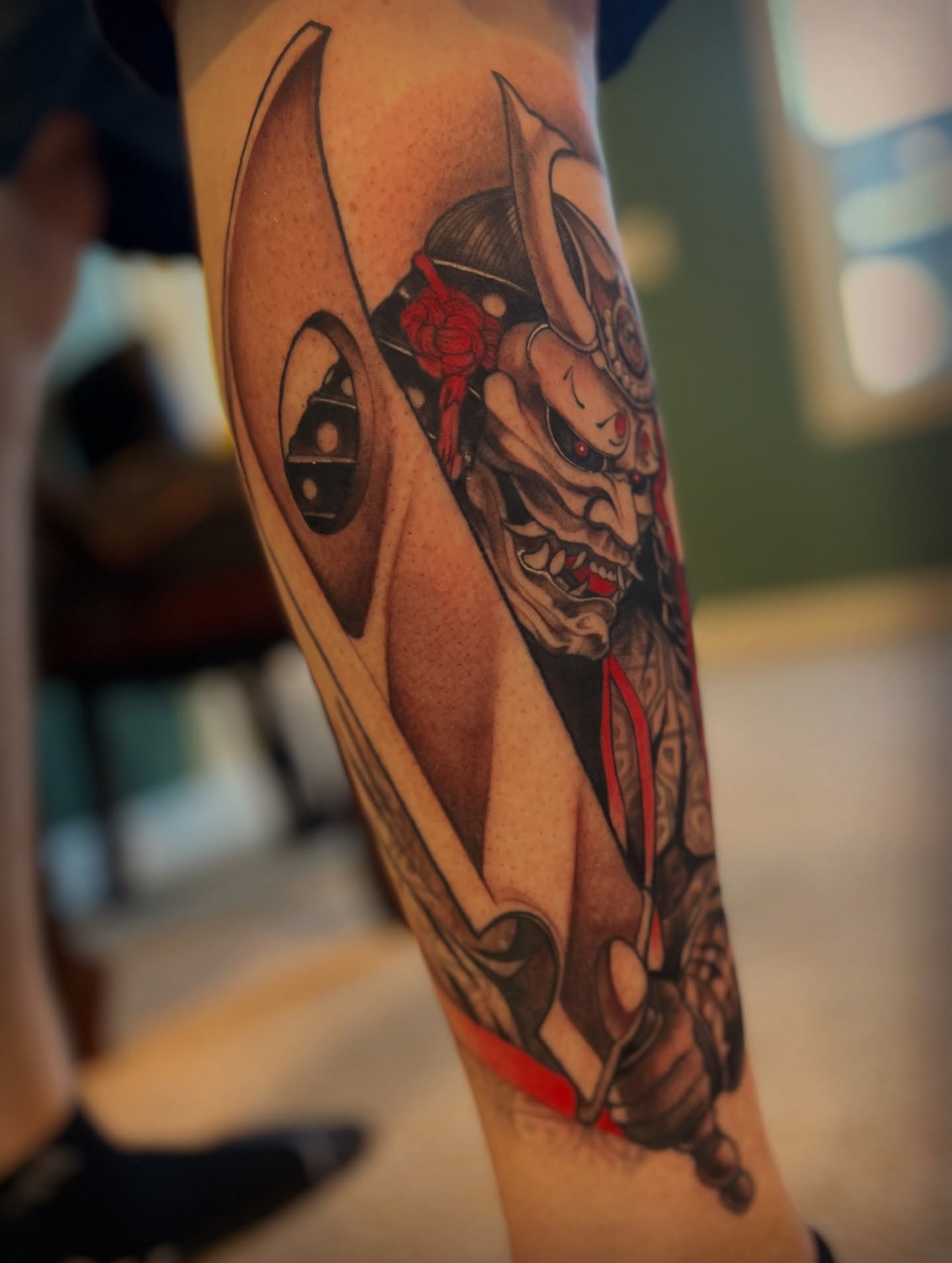 Samurai mask japanese irezumi tattoo on the forearm by Amanda Leitch
