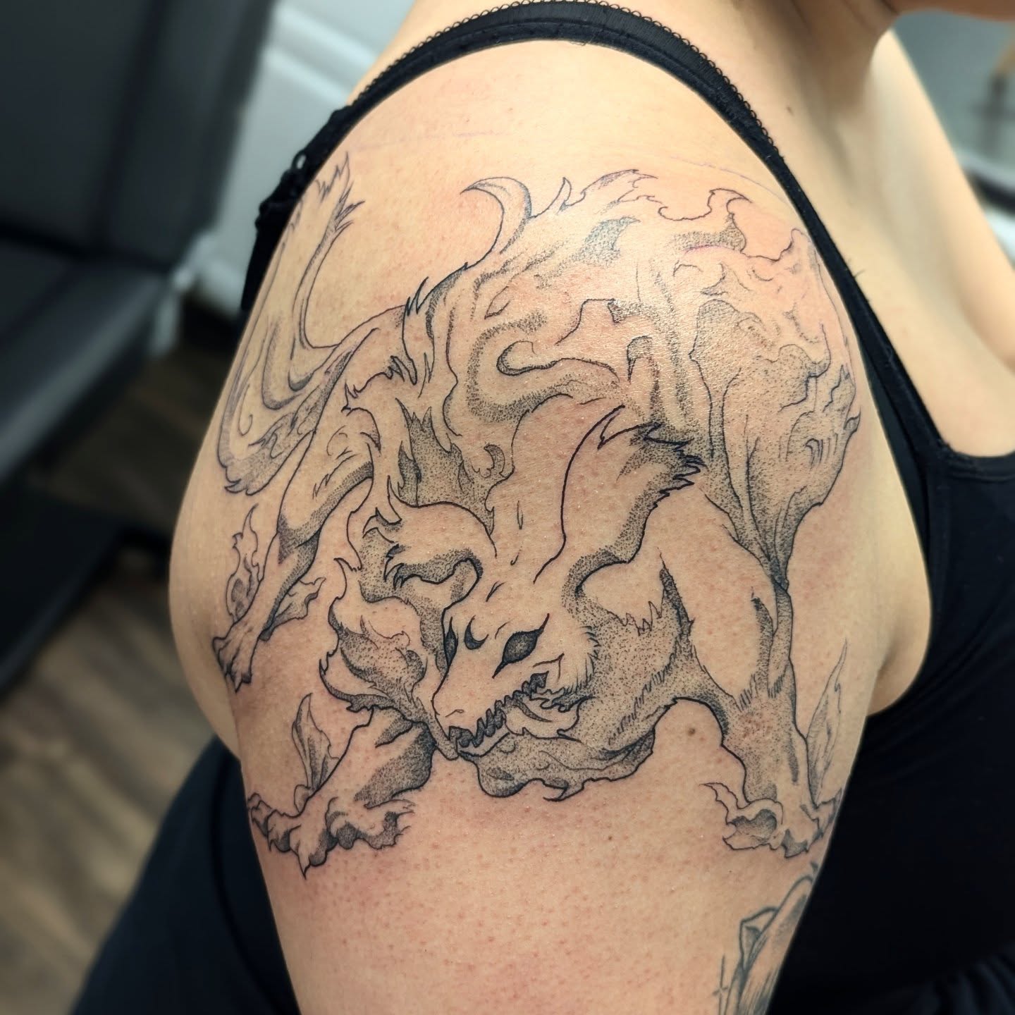 Dragon dotwork tattoo on the shoulder by DONEL 📍Denver