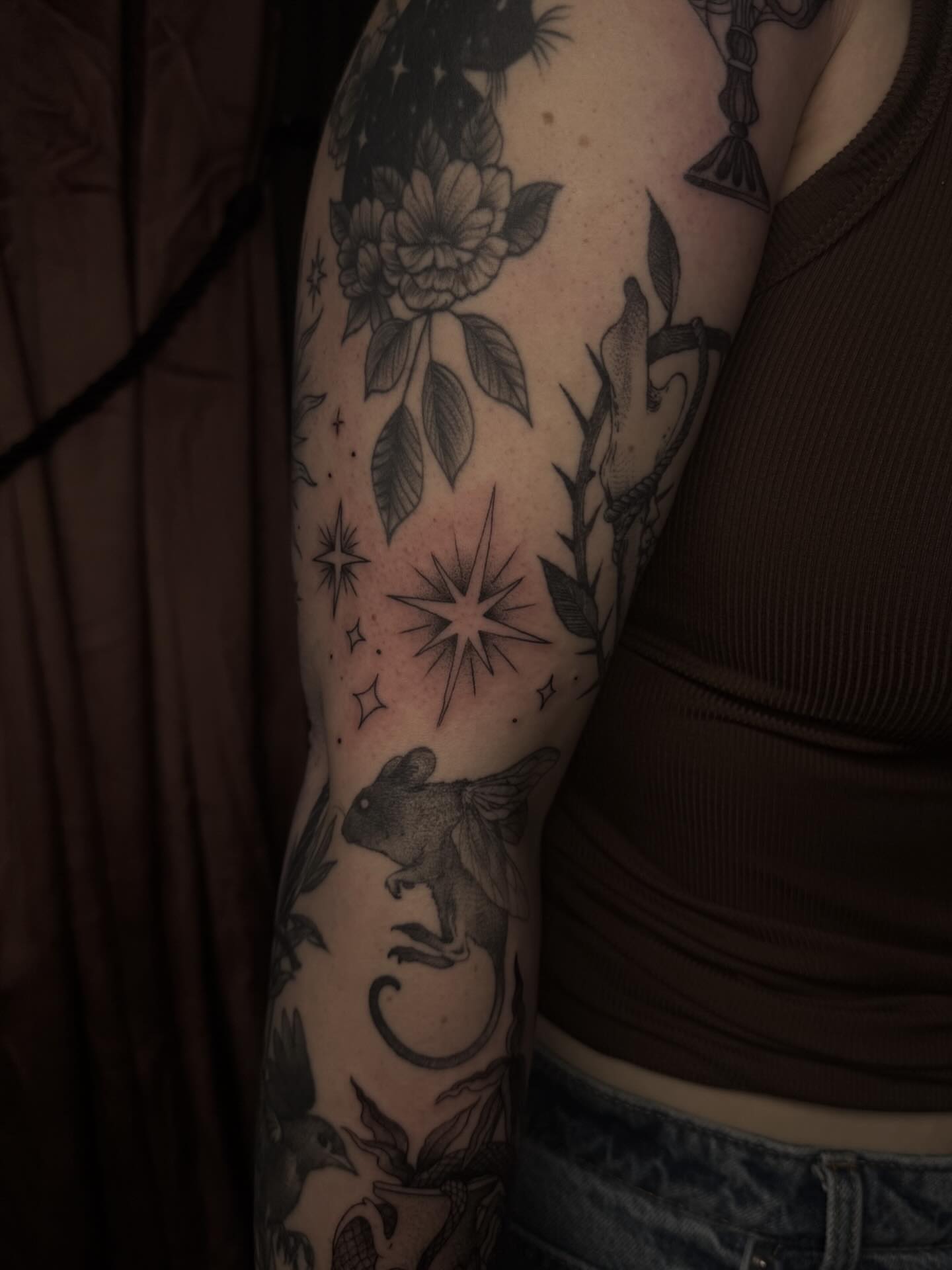 Floral and celestial American traditional tattoo on the forearm by Bethbeforedishonor, Rochester, New York