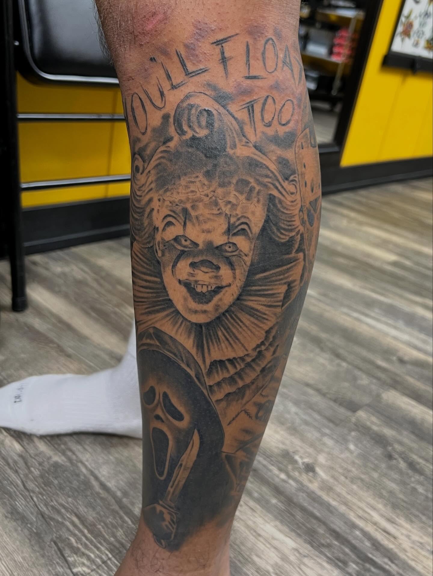 Pennywise and Ghostface realism tattoo on the forearm by Dustin Quillen Tattoo Artist, Campbellsville, Kentucky