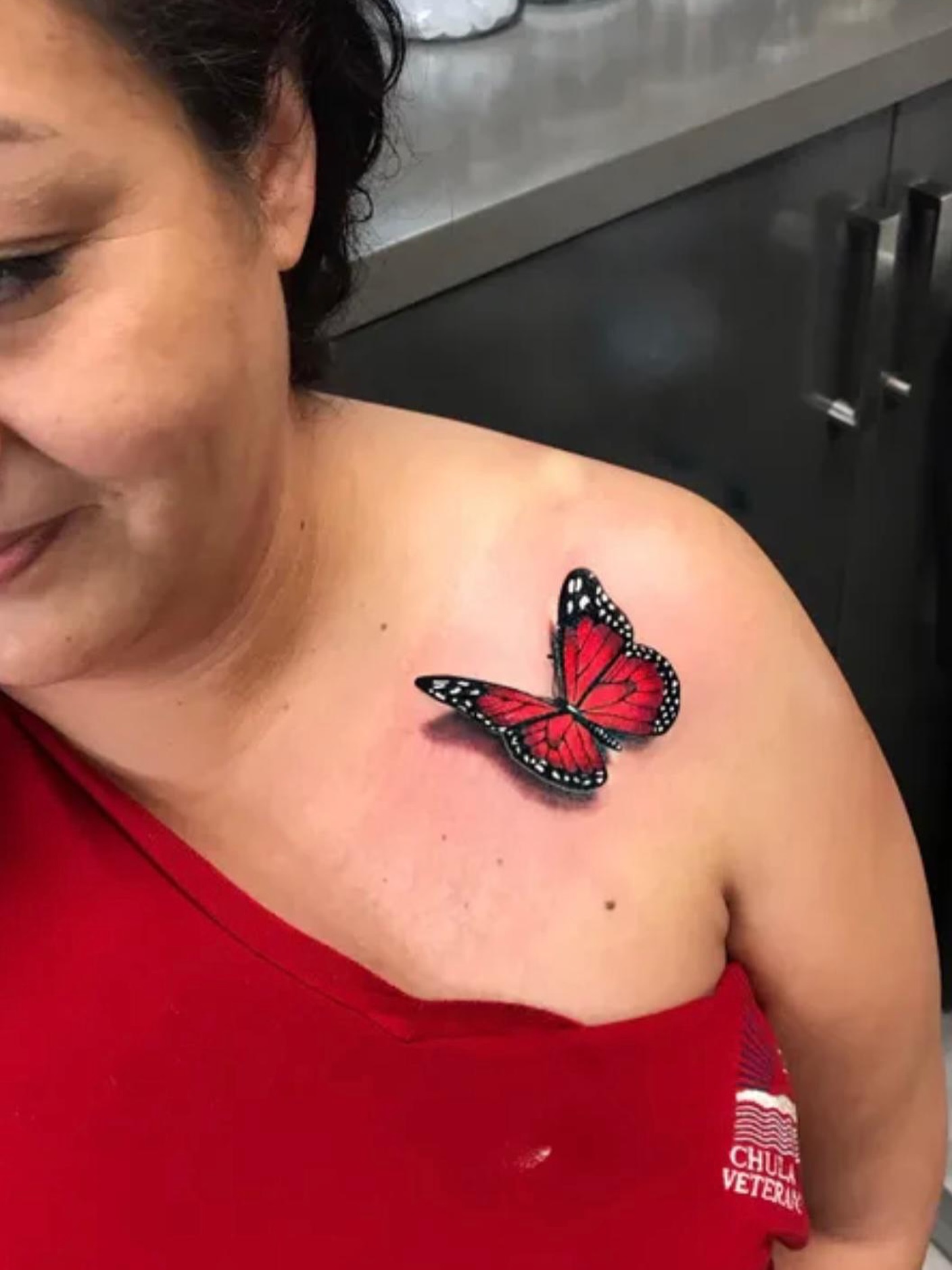Butterfly realism tattoo on the shoulder by Elijah Tattoos, San Diego, California