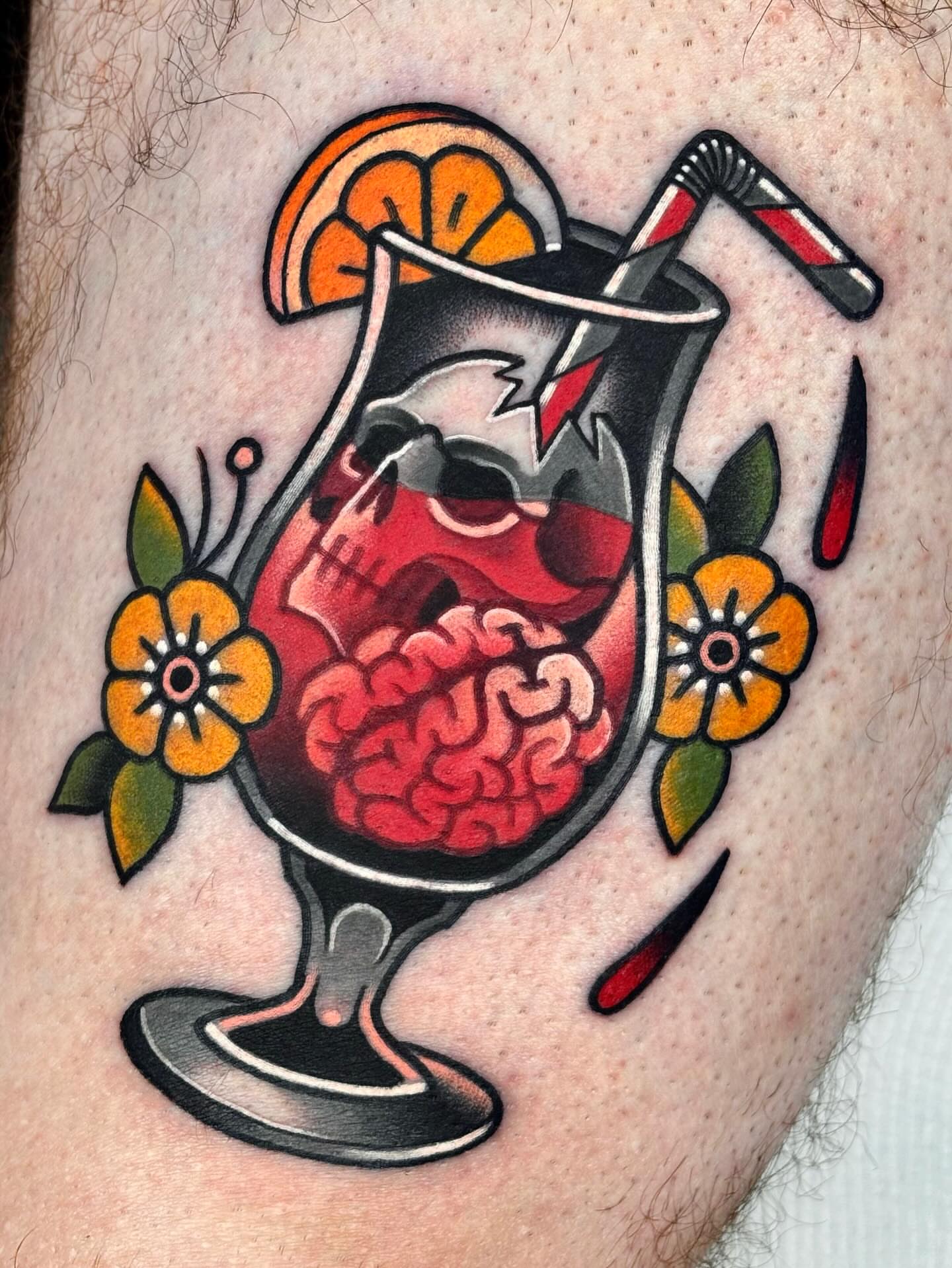 Brain cocktail American traditional tattoo on the thigh by 부산타투