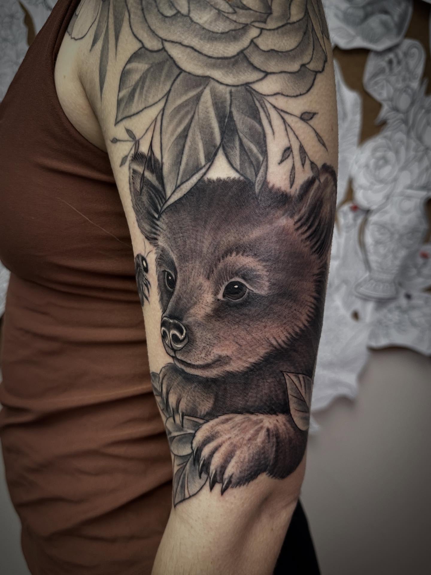 Bear cub realism tattoo on the forearm by Heather Tattoos Danvers MA