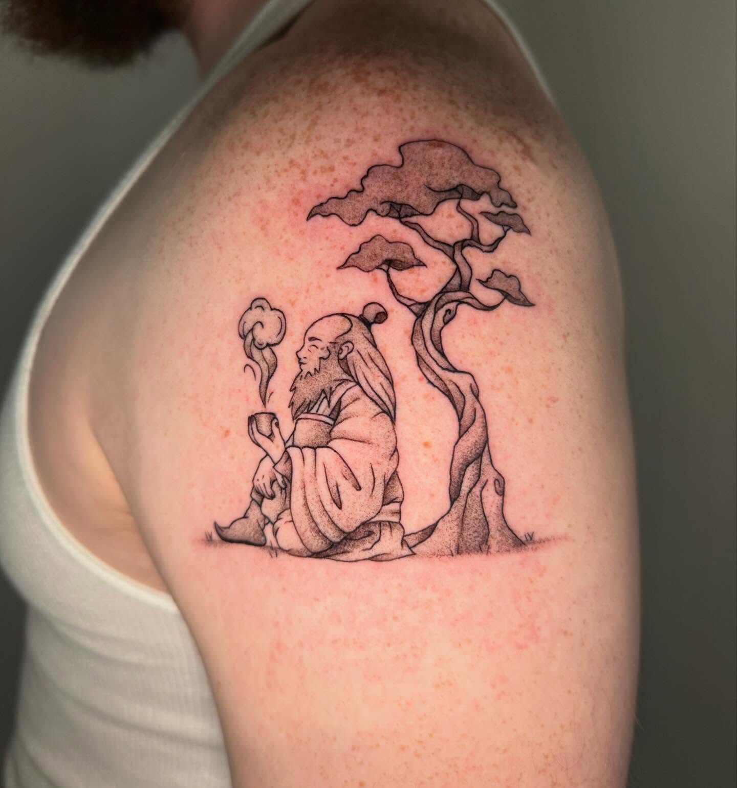 Elderly man smoking dotwork tattoo on the shoulder by Felicity