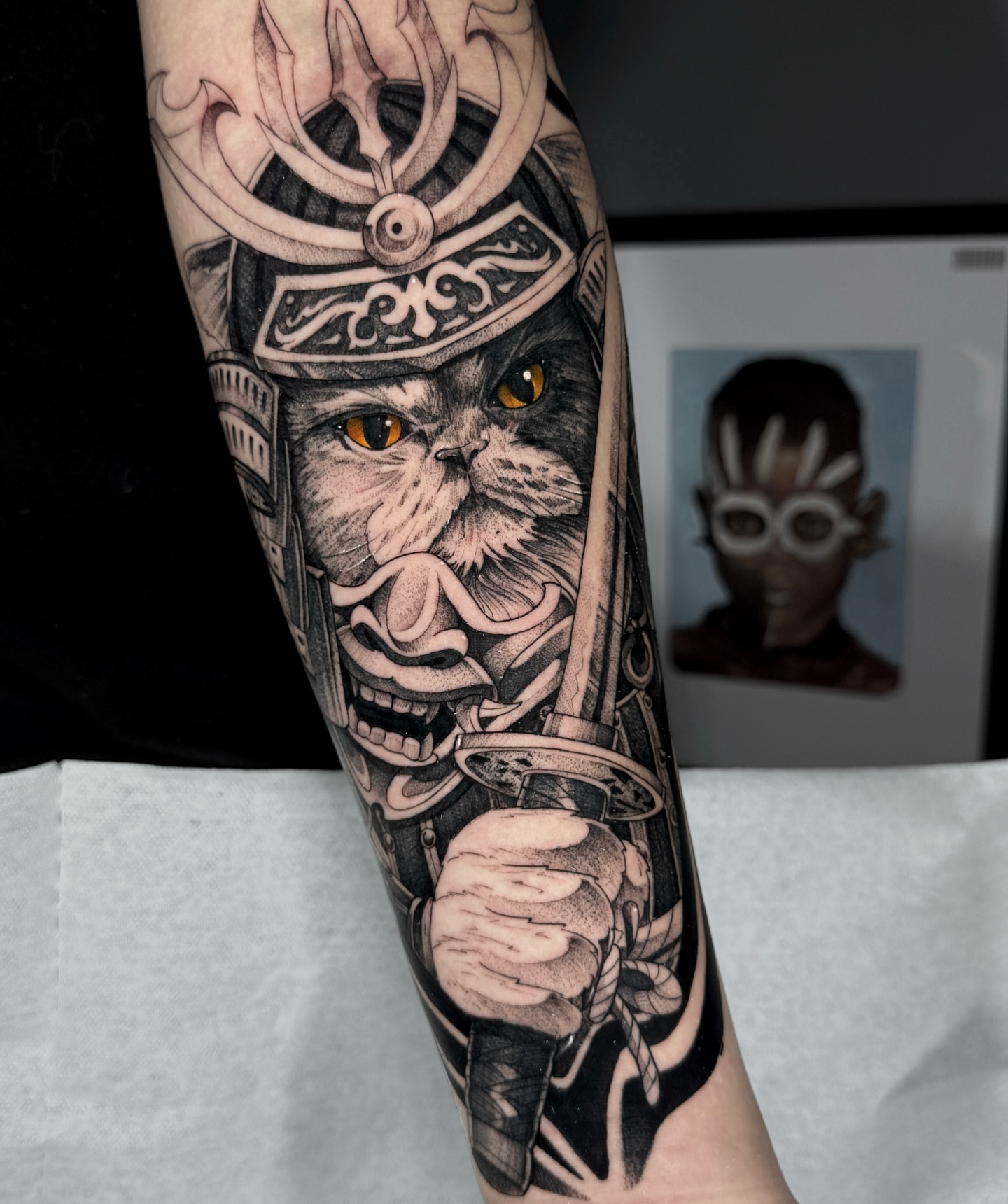 Cat warrior realism tattoo on the forearm by Stiven Gomez