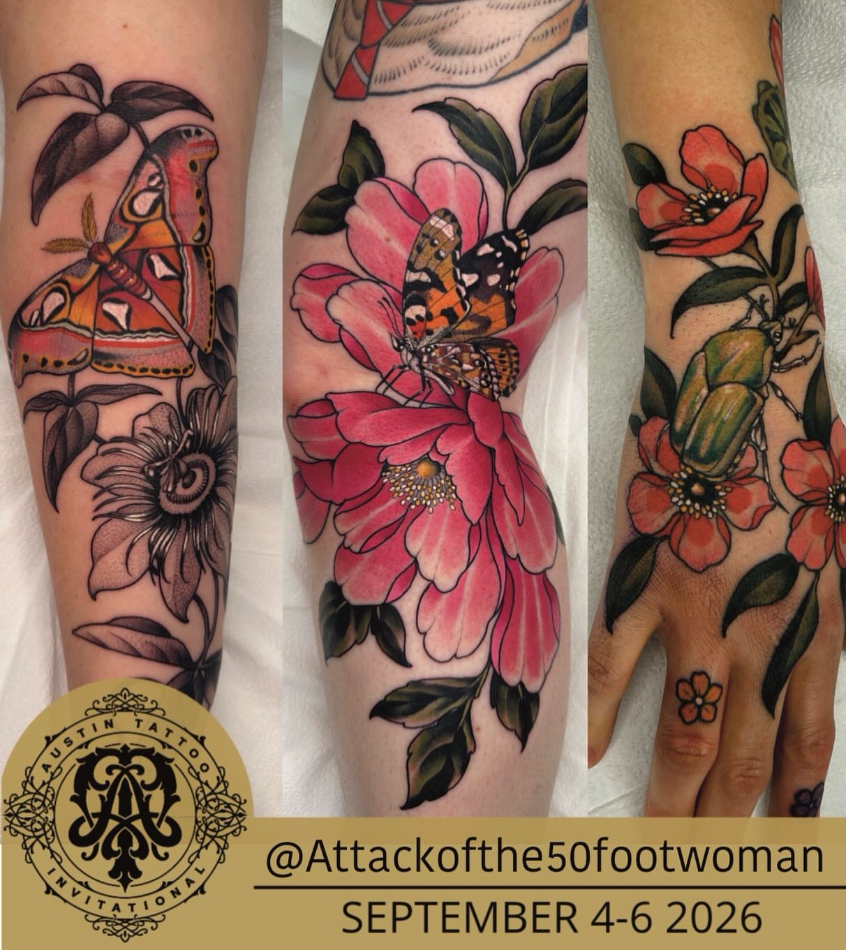 Butterfly and flowers American traditional tattoo on the forearm by Samantha Compasso Ford