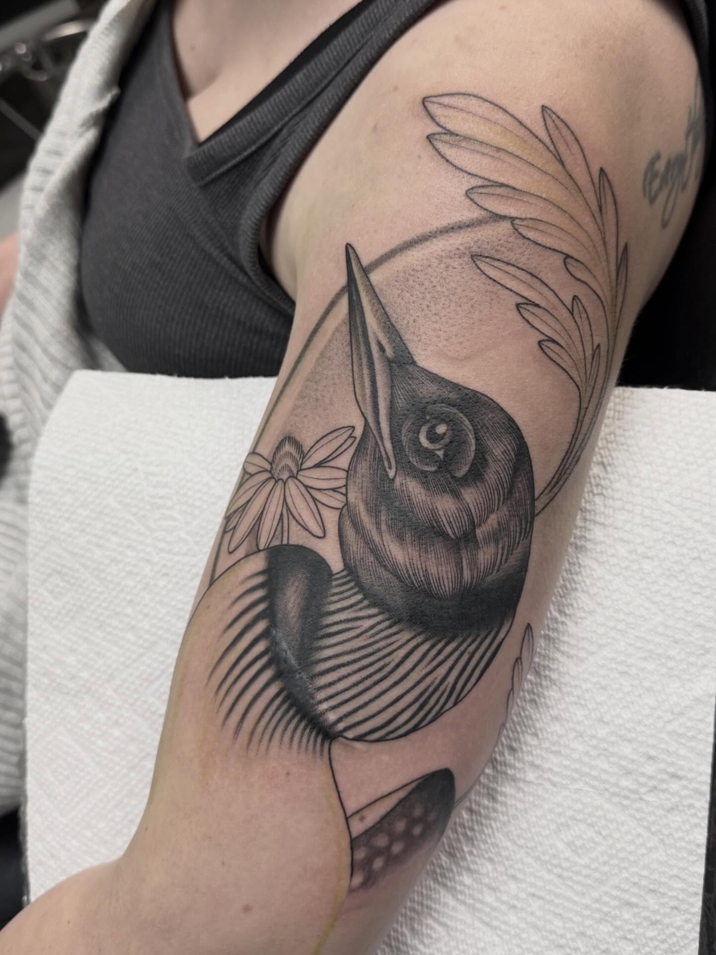 Bird and flower realism tattoo on the forearm by Connie Fiorino - Tattoo Artist