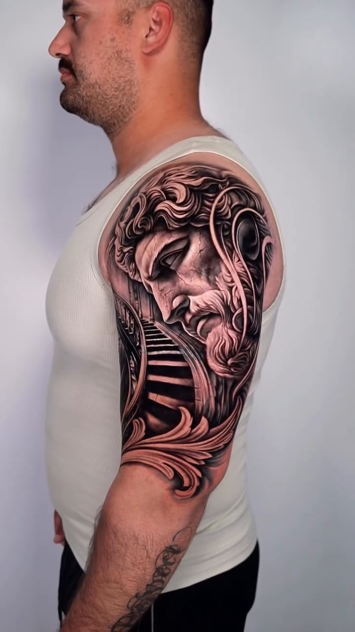 Classical bust and staircase realism tattoo by Brayan Batista - Tattoo Artist