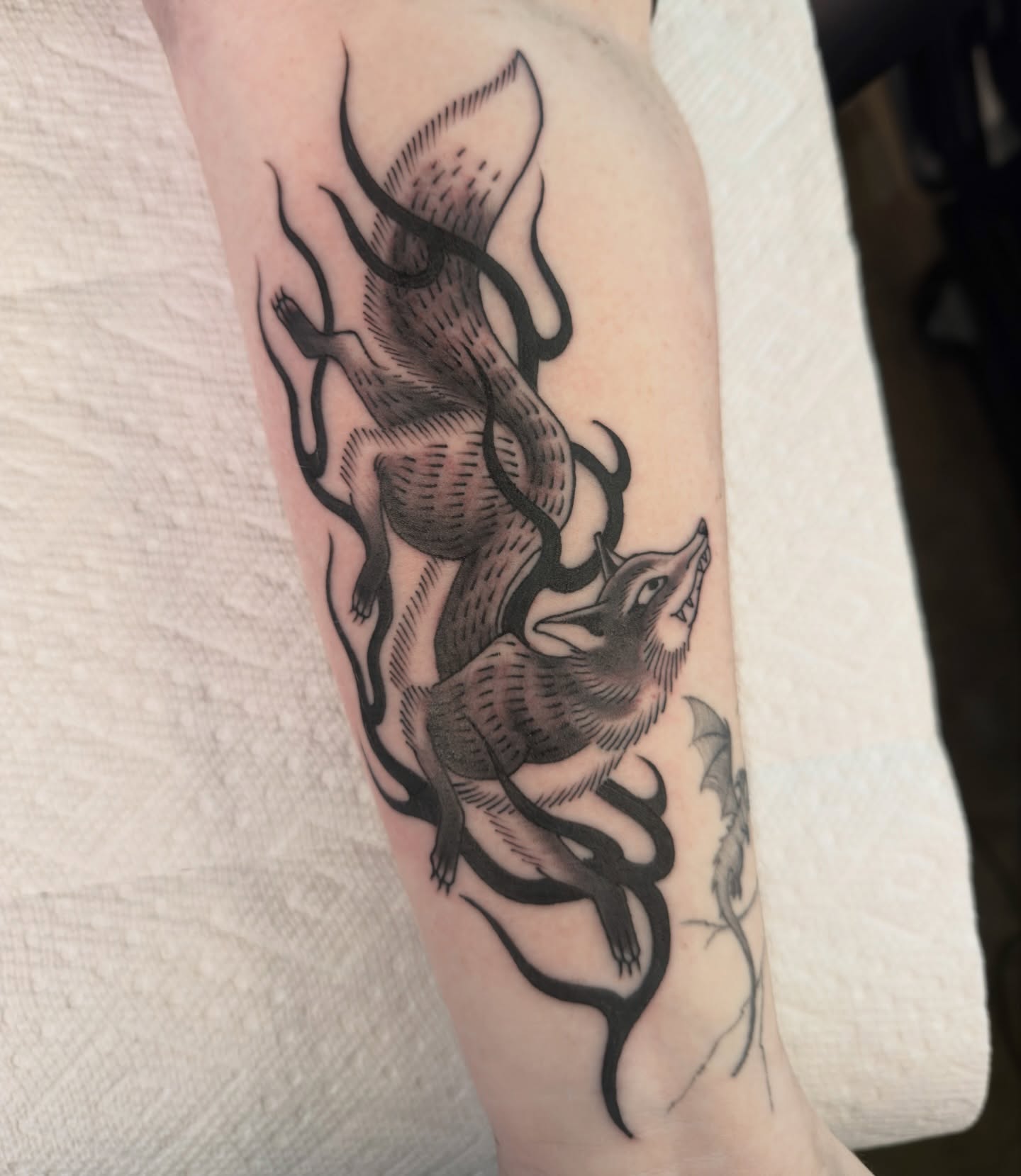 Wolf black and grey tattoo on the forearm by Scott Kulikowski