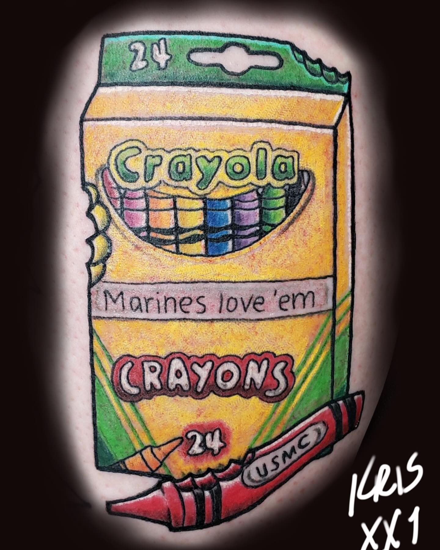 Crayola crayons illustrative tattoo on the forearm by KJ