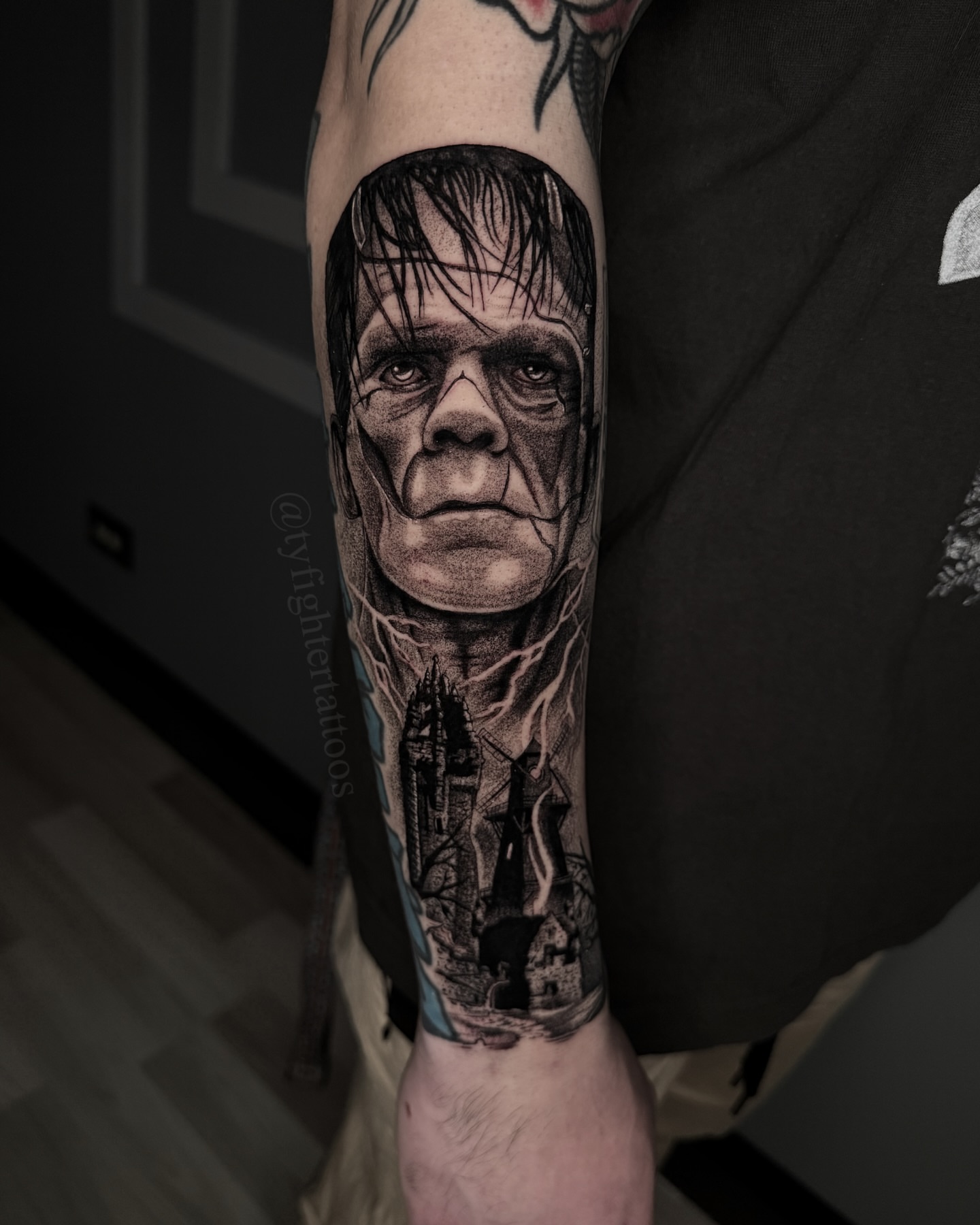 Frankenstein's monster realism tattoo on the forearm by Ty engler, Northglenn, Colorado