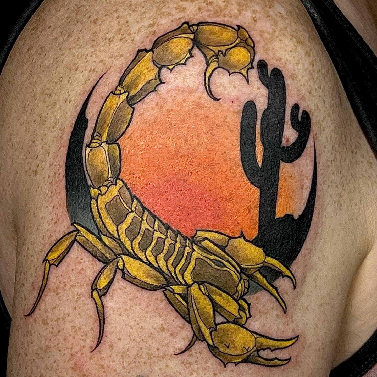 Scorpion realism tattoo on the shoulder by Byron Winkelman, Gilbert, Arizona