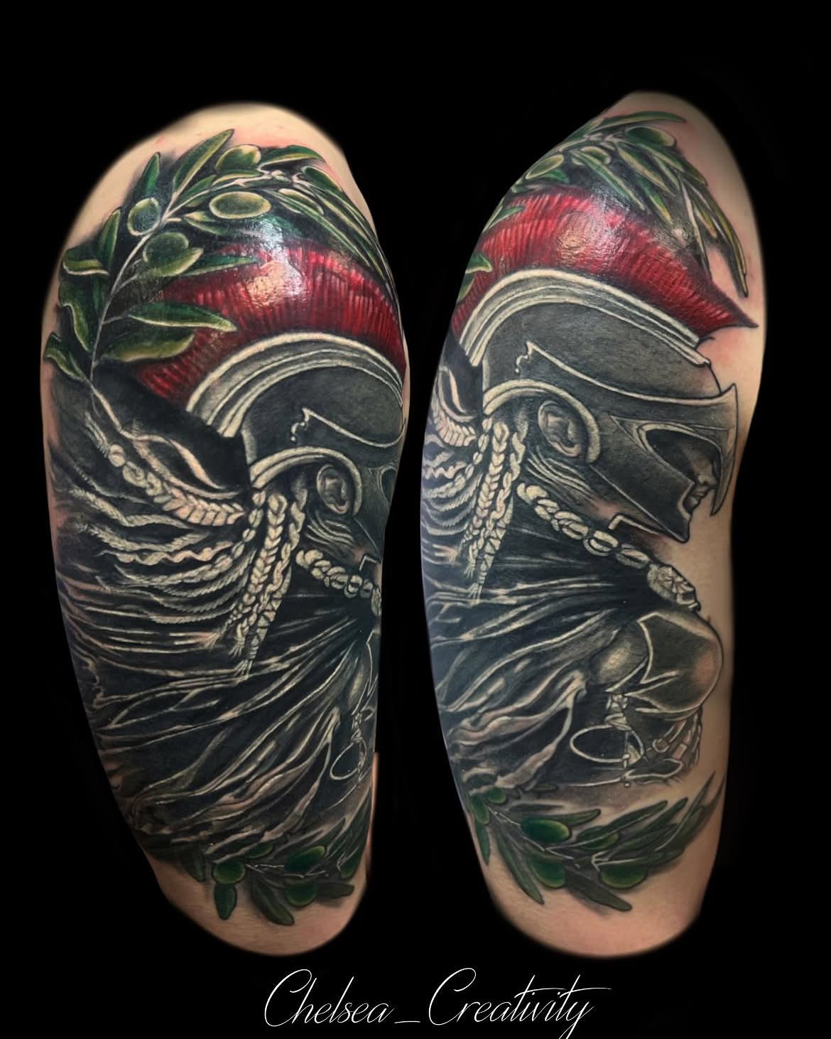 Ancient warrior helmet realism tattoo on the forearm by Chelsea Nichole