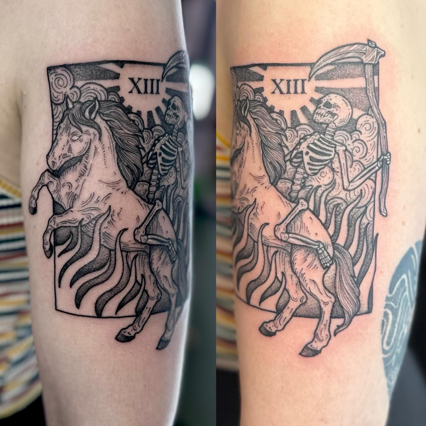 Horse and skeleton rider black and grey tattoo on the forearm by Leeuh Vandever