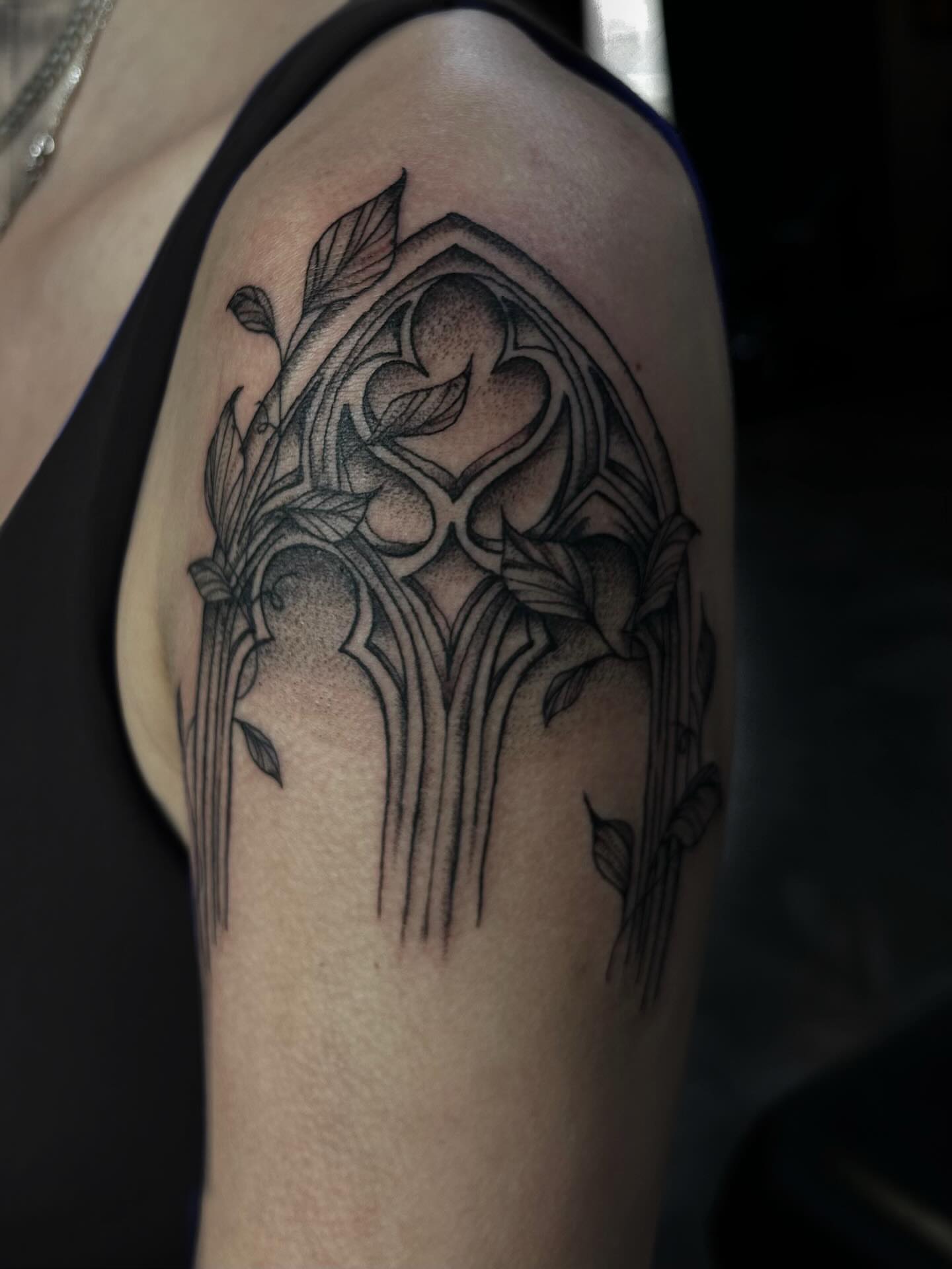 Gothic arch black and grey tattoo on the shoulder by abby ☽ marie