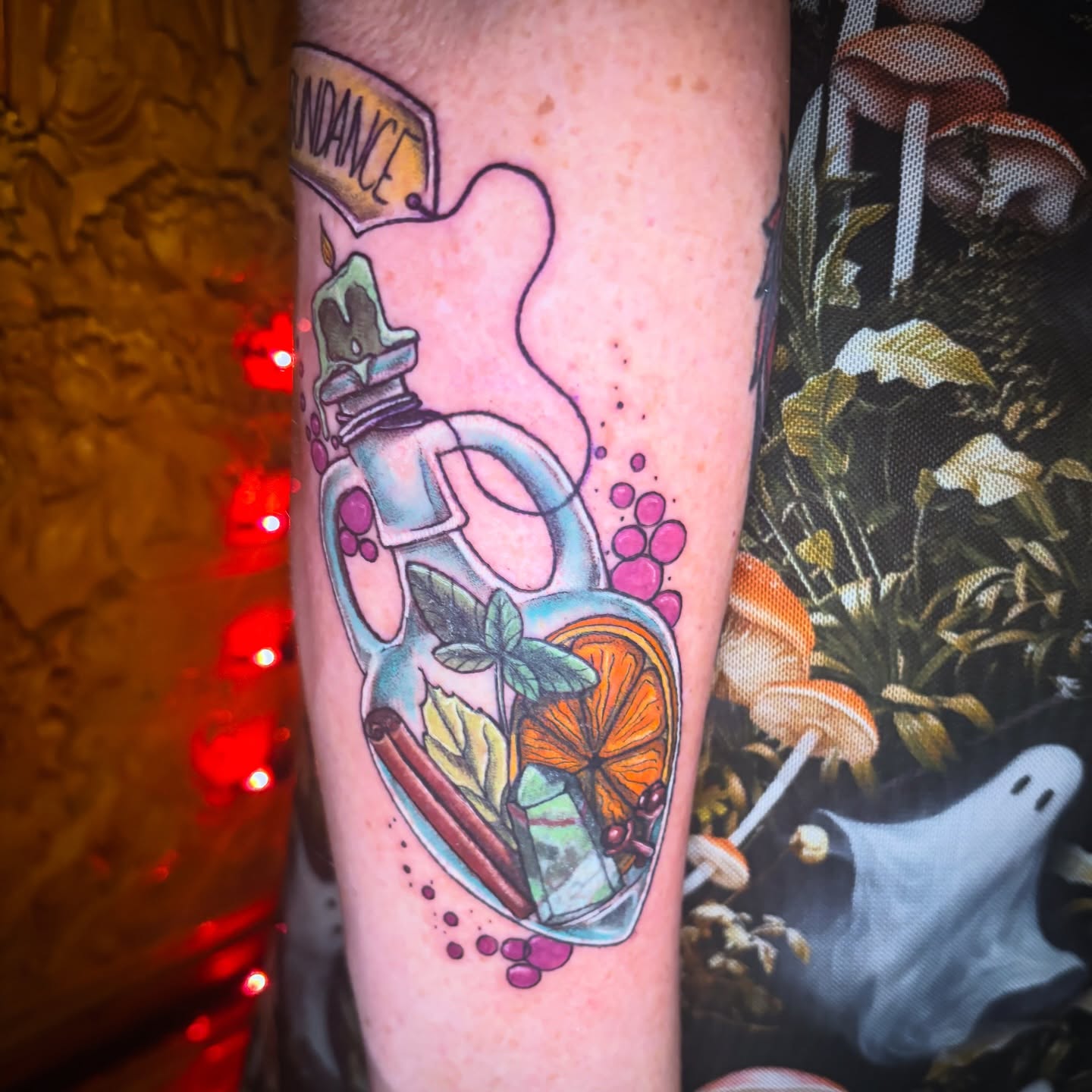 Herbal potion dotwork tattoo on the forearm by Kiwi🌱☀️