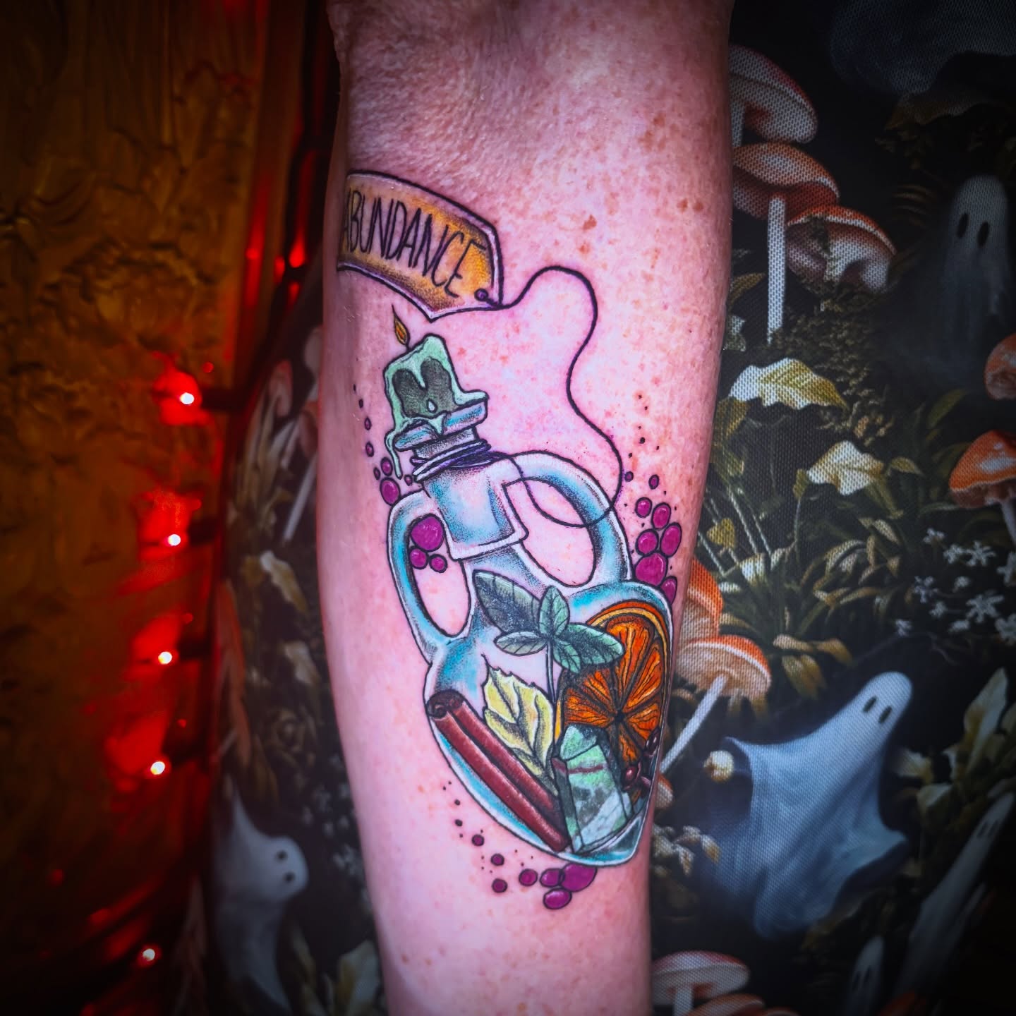 Apothecary bottle new school tattoo on the forearm by Kiwi🌱☀️