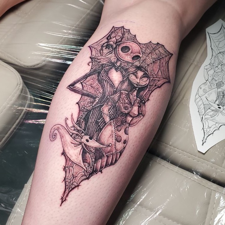 Jack and Sally dark realism tattoo on the forearm by Matthew Ray, Harrisburg, North Carolina