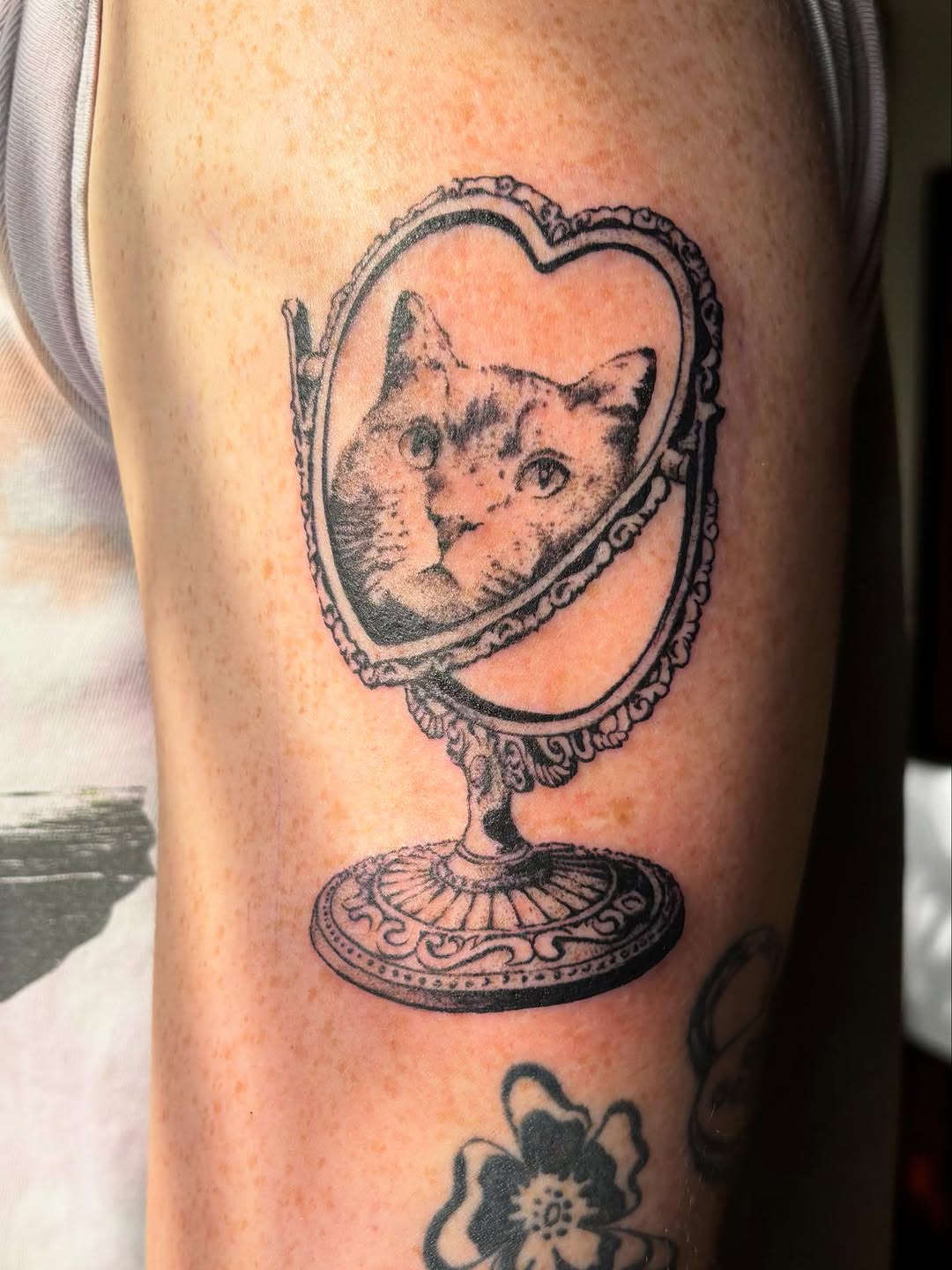 Cat in a mirror realism tattoo on the forearm by Anna Kathleen, Des Moines, Iowa