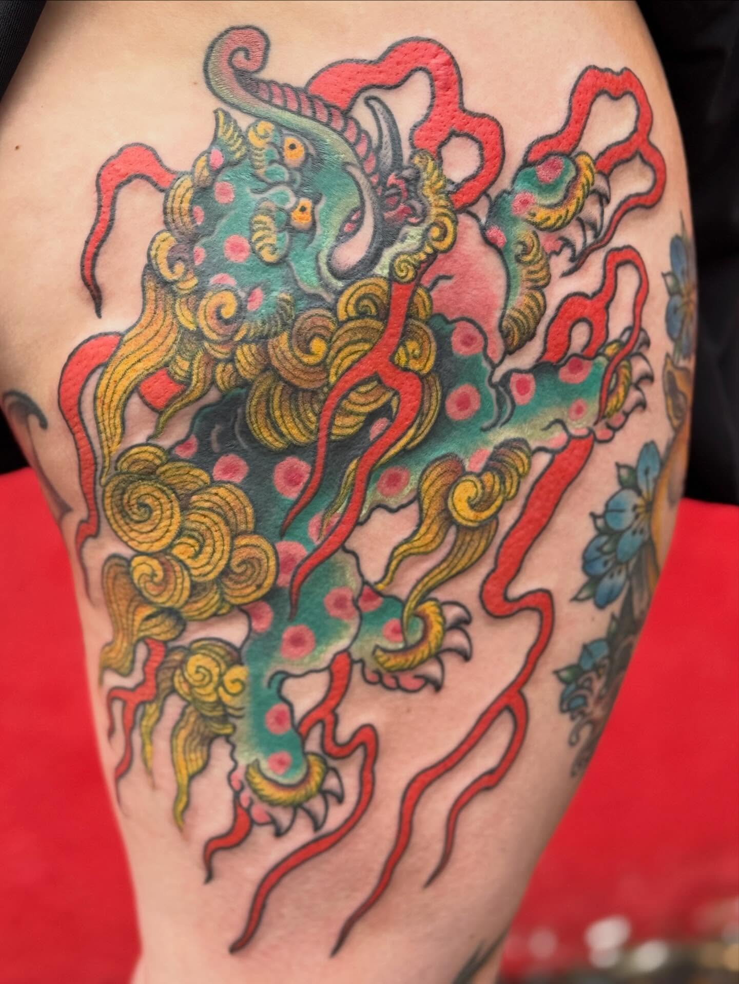 Mythical creature japanese irezumi tattoo on the thigh by Tony Beuke