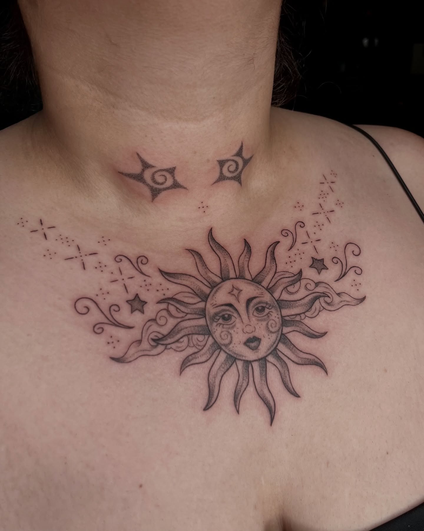 Sun and stars black and grey tattoo on the chest by ✩gracie ⋆｡°✩