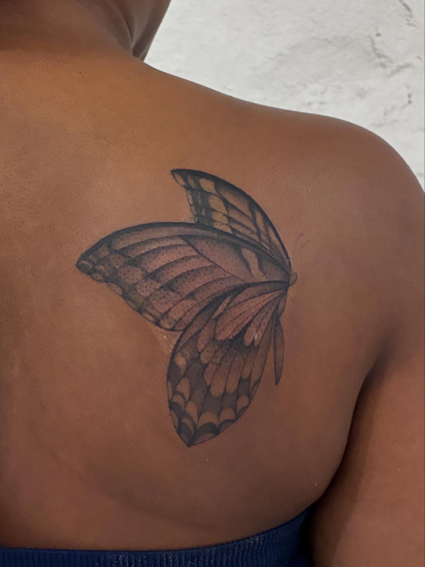 Butterfly realism tattoo on the shoulder by Shamalee Delacruz✨