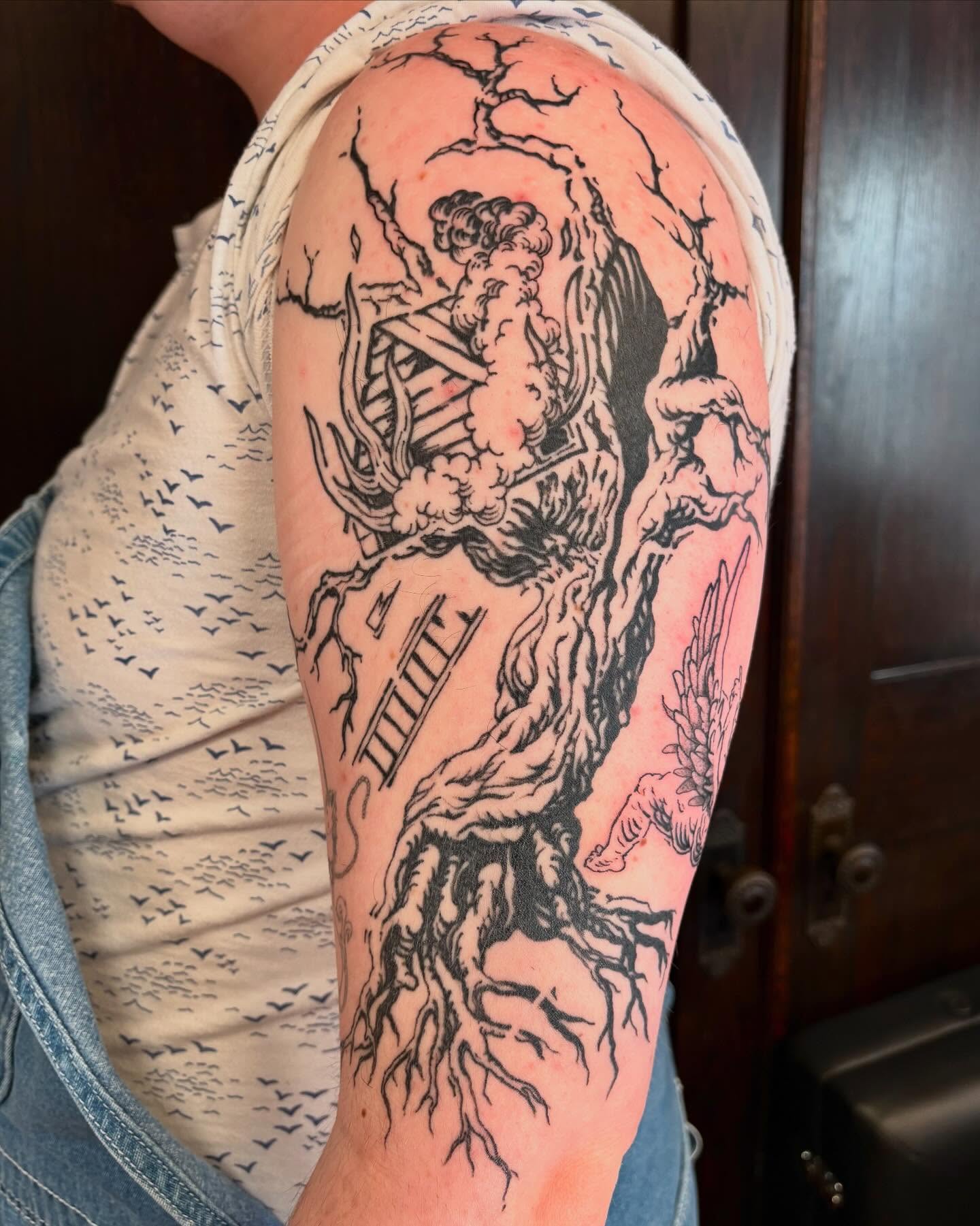 Tree with skeleton realism tattoo on the forearm by kane