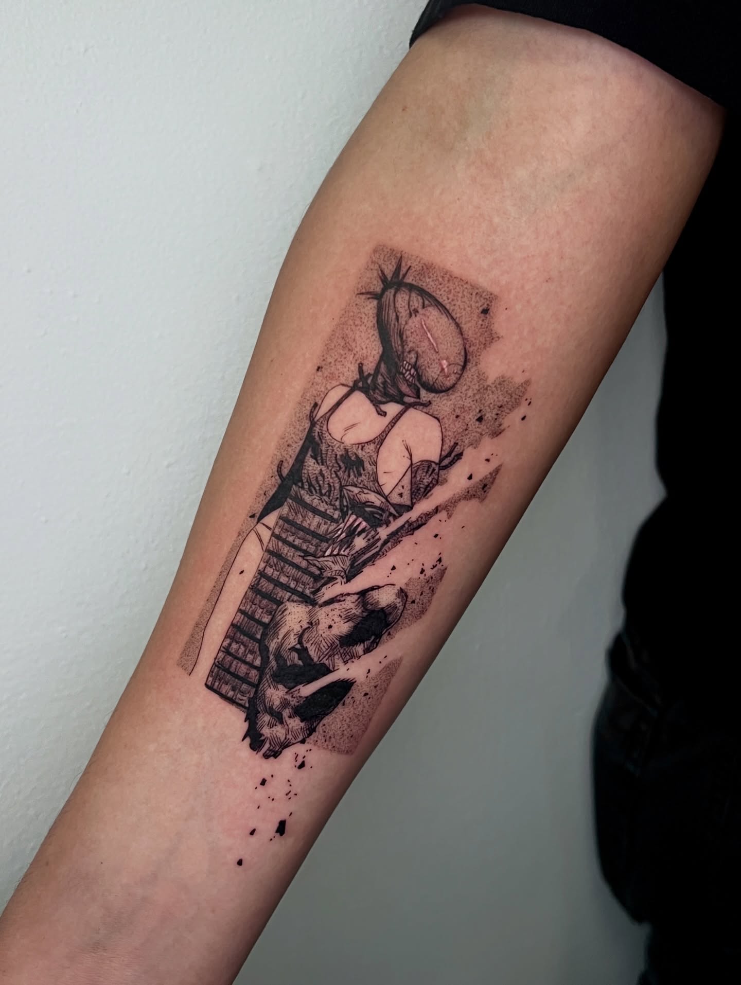 Woman with sword dotwork tattoo on the forearm by AJ π°π· LA tattoo