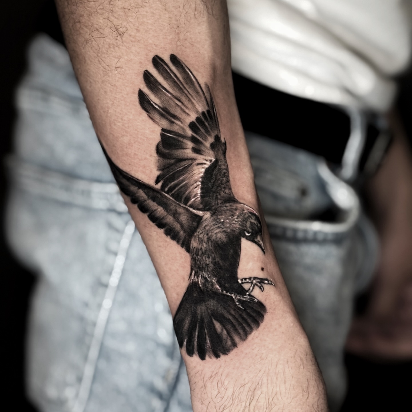 Crow realism tattoo on the forearm by Amanda