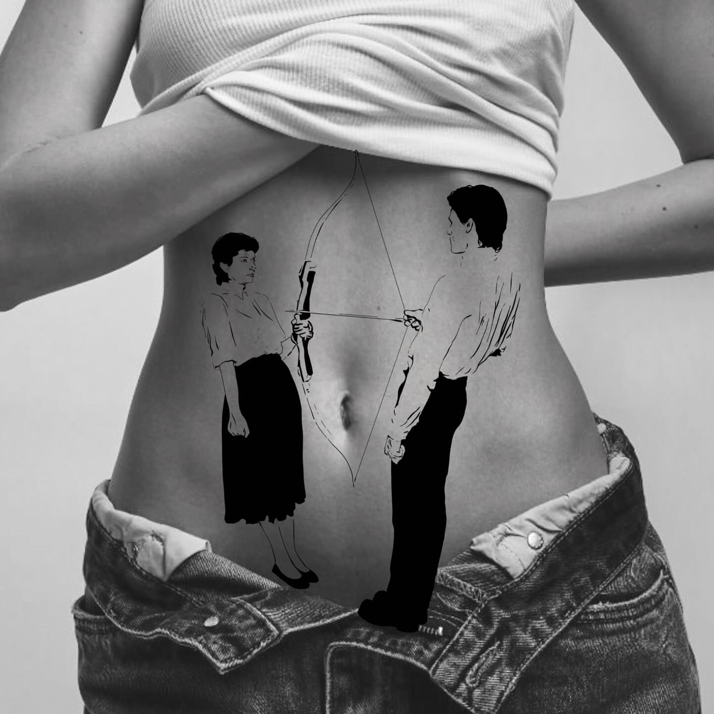 Archery scene black and grey tattoo on the torso by Jules🕯️