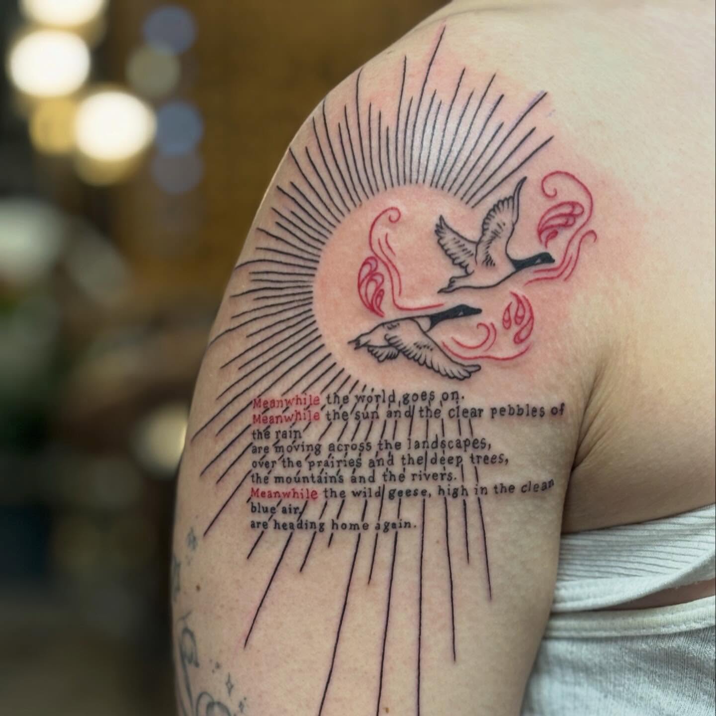 Geese flying fine line tattoo on the shoulder by Rye⚡️🎱🍒🐆🖤